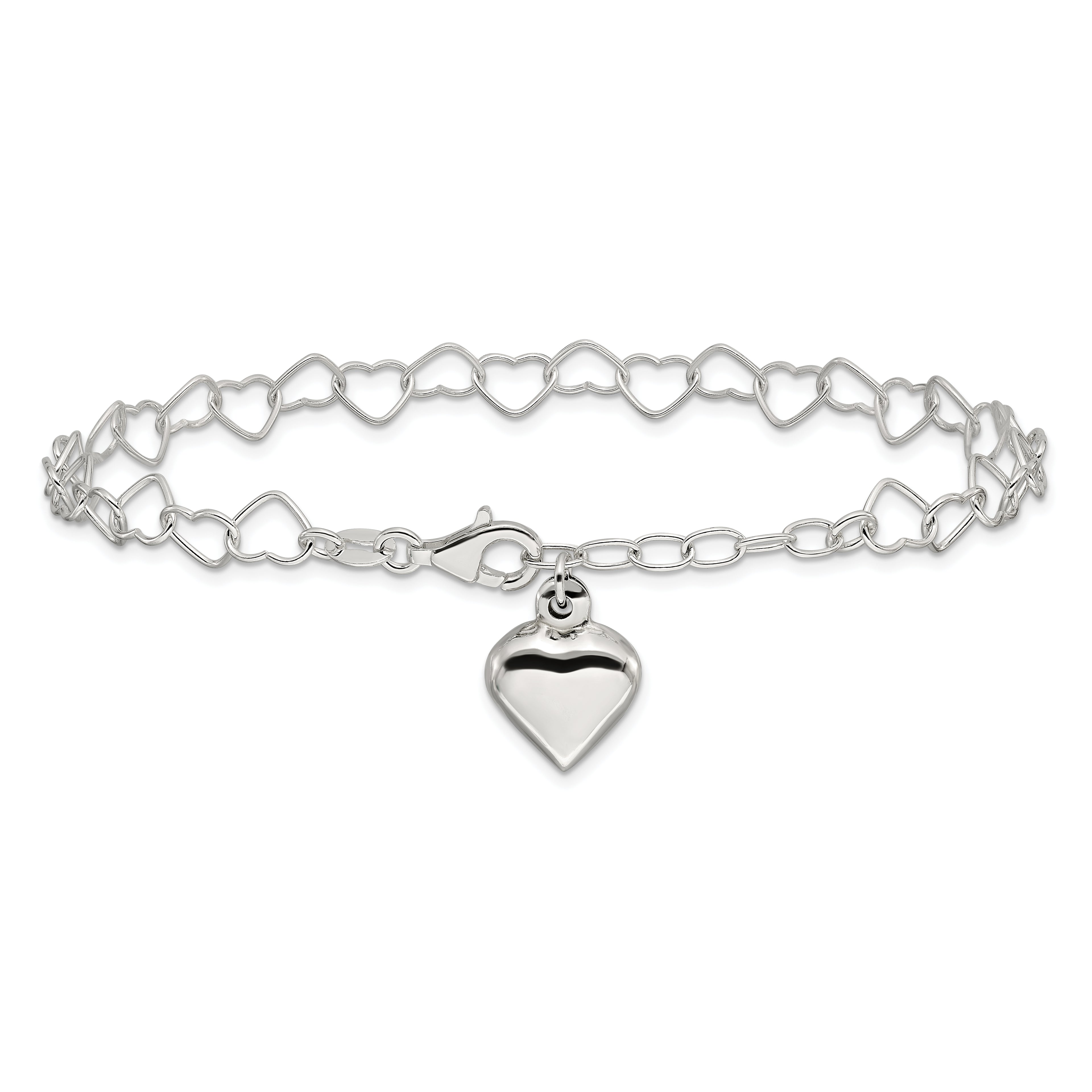 Sterling Silver Puffed Heart Dangle 10 inch Plus 1 inch Extender - Total 11 inch Anklet