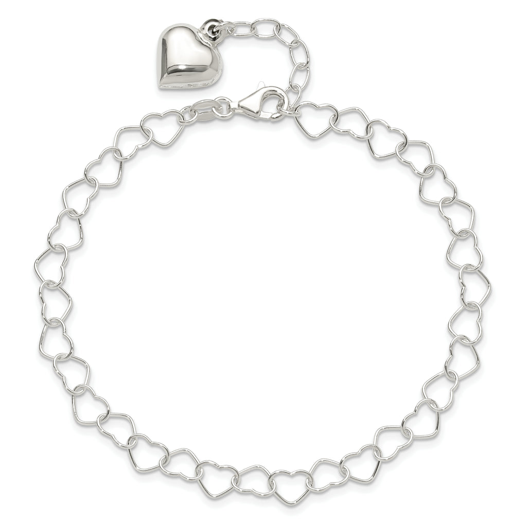 Sterling Silver Puffed Heart Dangle 10 inch Plus 1 inch Extender - Total 11 inch Anklet