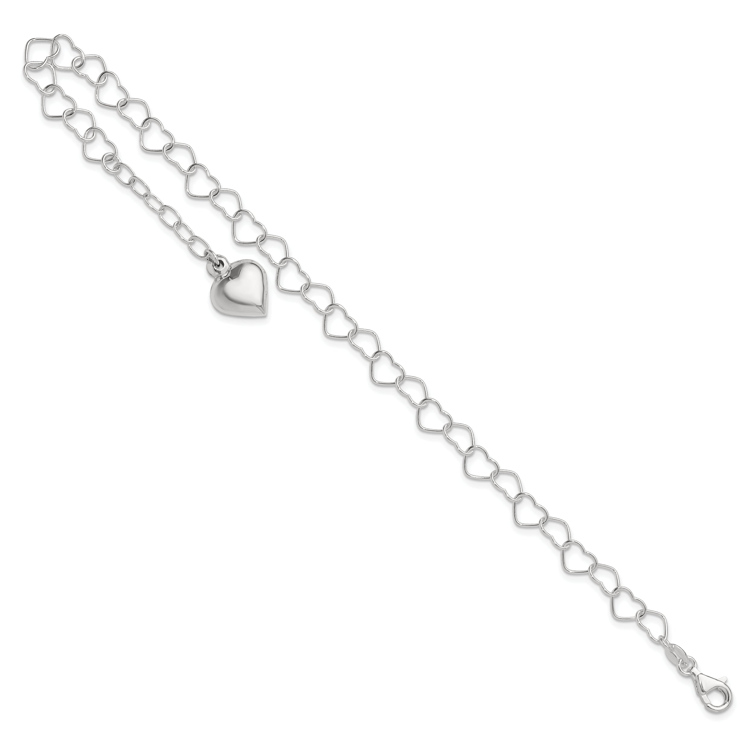 Sterling Silver Puffed Heart Dangle 9 inch Plus 1 inch Extender - Total 10 inch Anklet