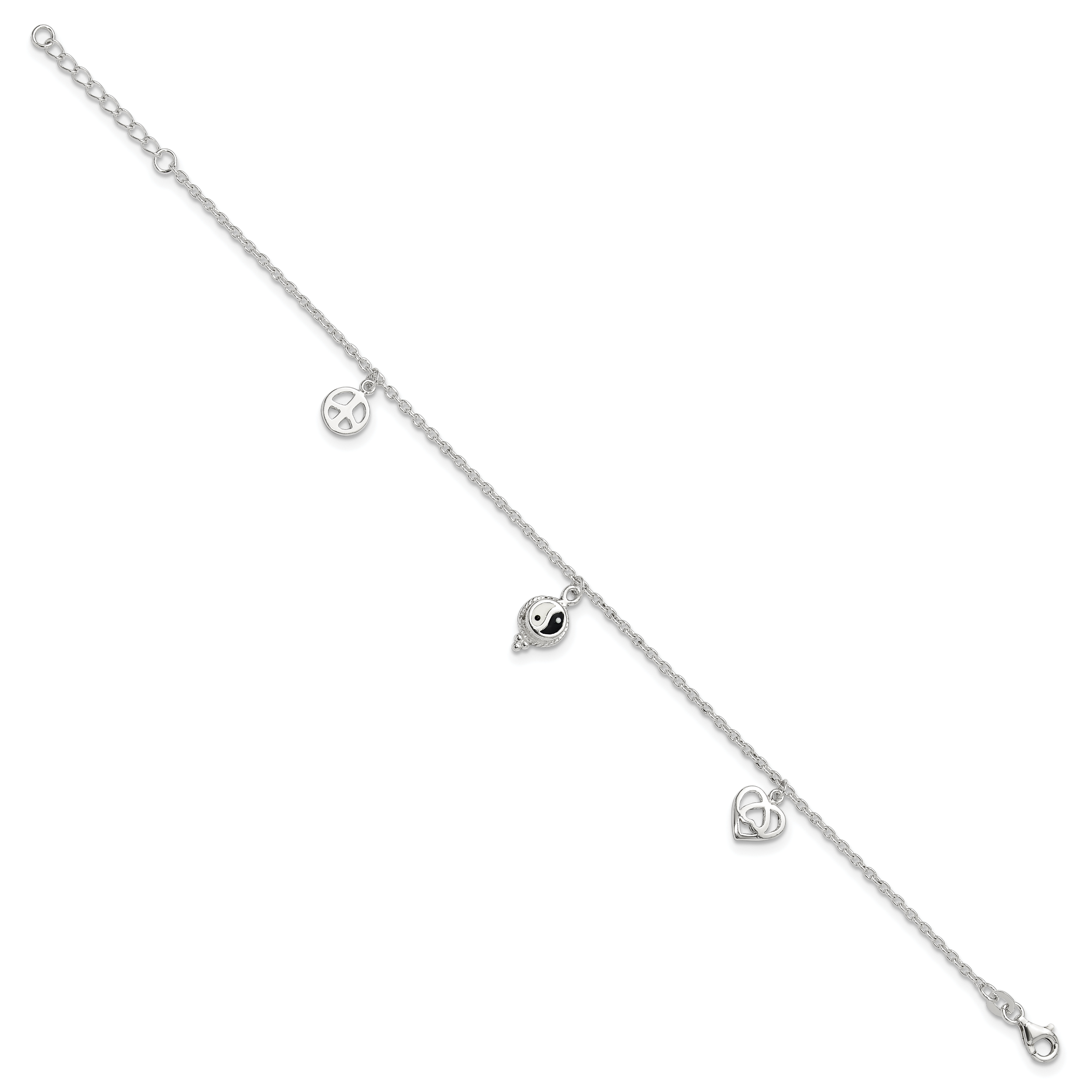 Sterling Silver Heart/YinYang/Peace Sign 8 inch Plus 1 inch Extender - Total 9 inch Anklet Secondary image