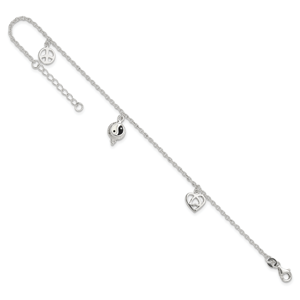Sterling Silver Heart/YinYang/Peace Sign 8 inch Plus 1 inch Extender - Total 9 inch Anklet