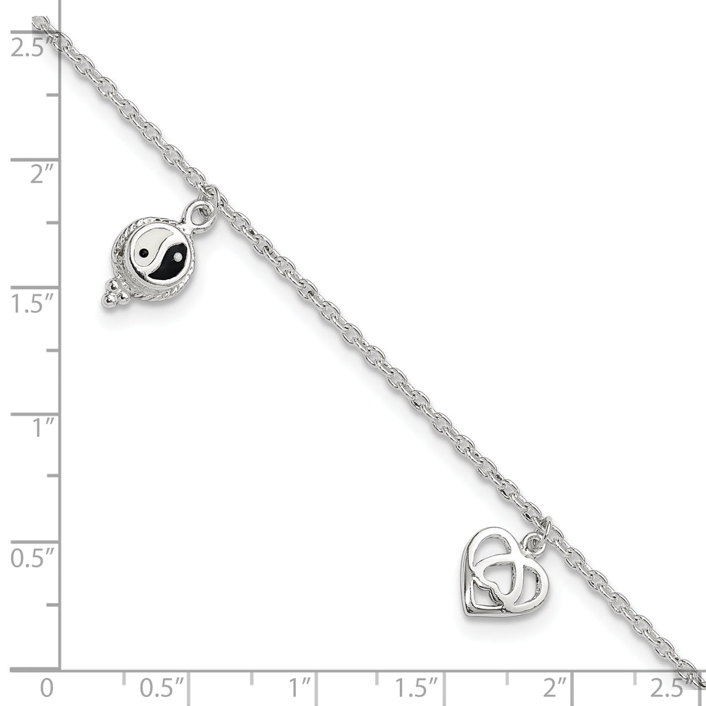 Sterling Silver Heart/YinYang/Peace Sign 8 inch Plus 1 inch Extender - Total 9 inch Anklet