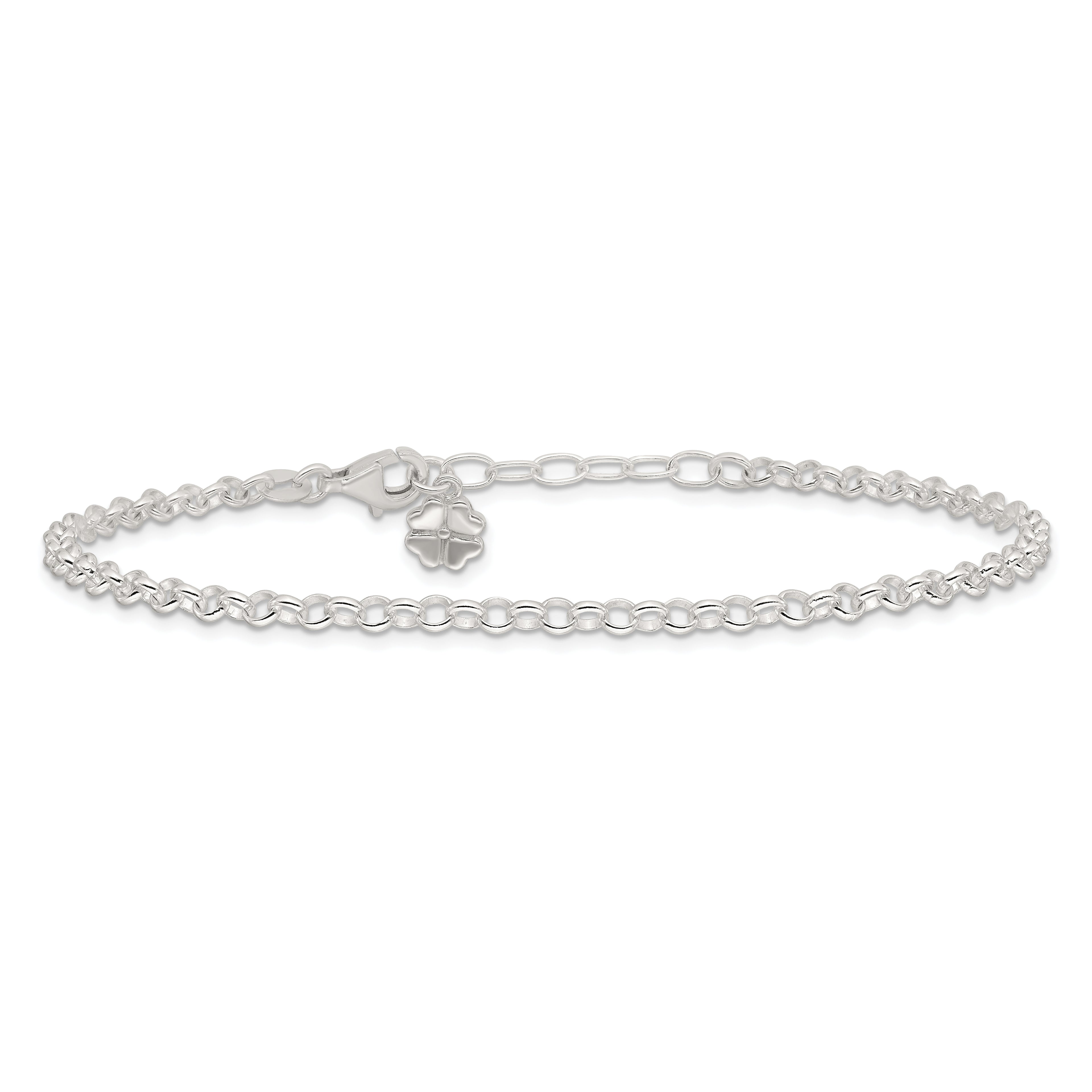 Sterling Silver Clover Dangle 10 inch Plus 1 inch Extender - Total 11 inch Anklet