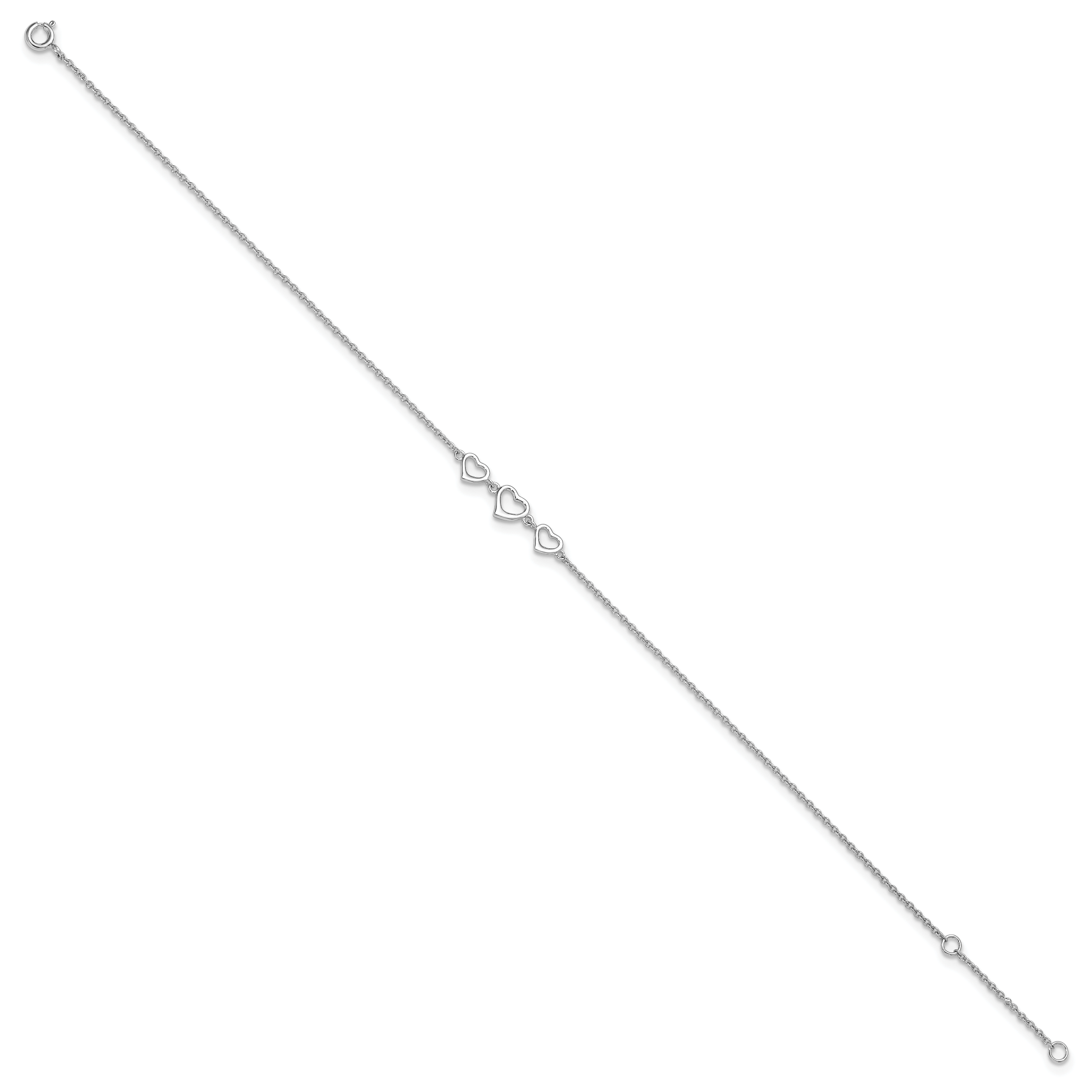 Sterling Silver Rhodium-plated Three Hearts 10 inch Plus 1 inch Extender - Total 11 inch Anklet Secondary image