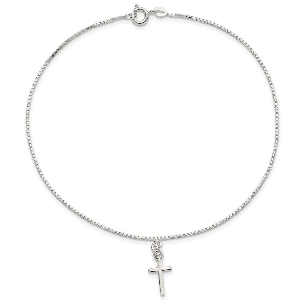 Sterling Silver 10 in Solid Polished Cross on Box Chain Anklet