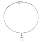 Sterling Silver 10 in Solid Polished Cross on Box Chain Anklet