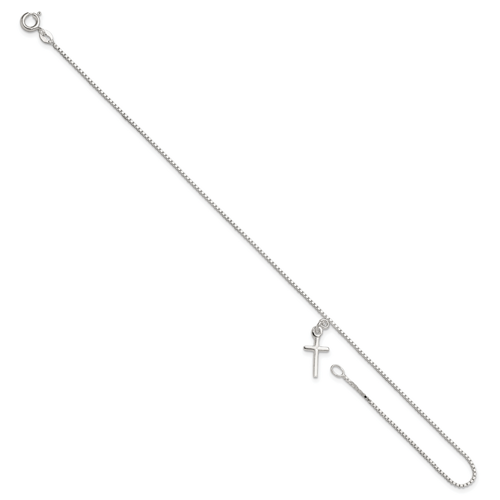 Sterling Silver 10 in Solid Polished Cross on Box Chain Anklet