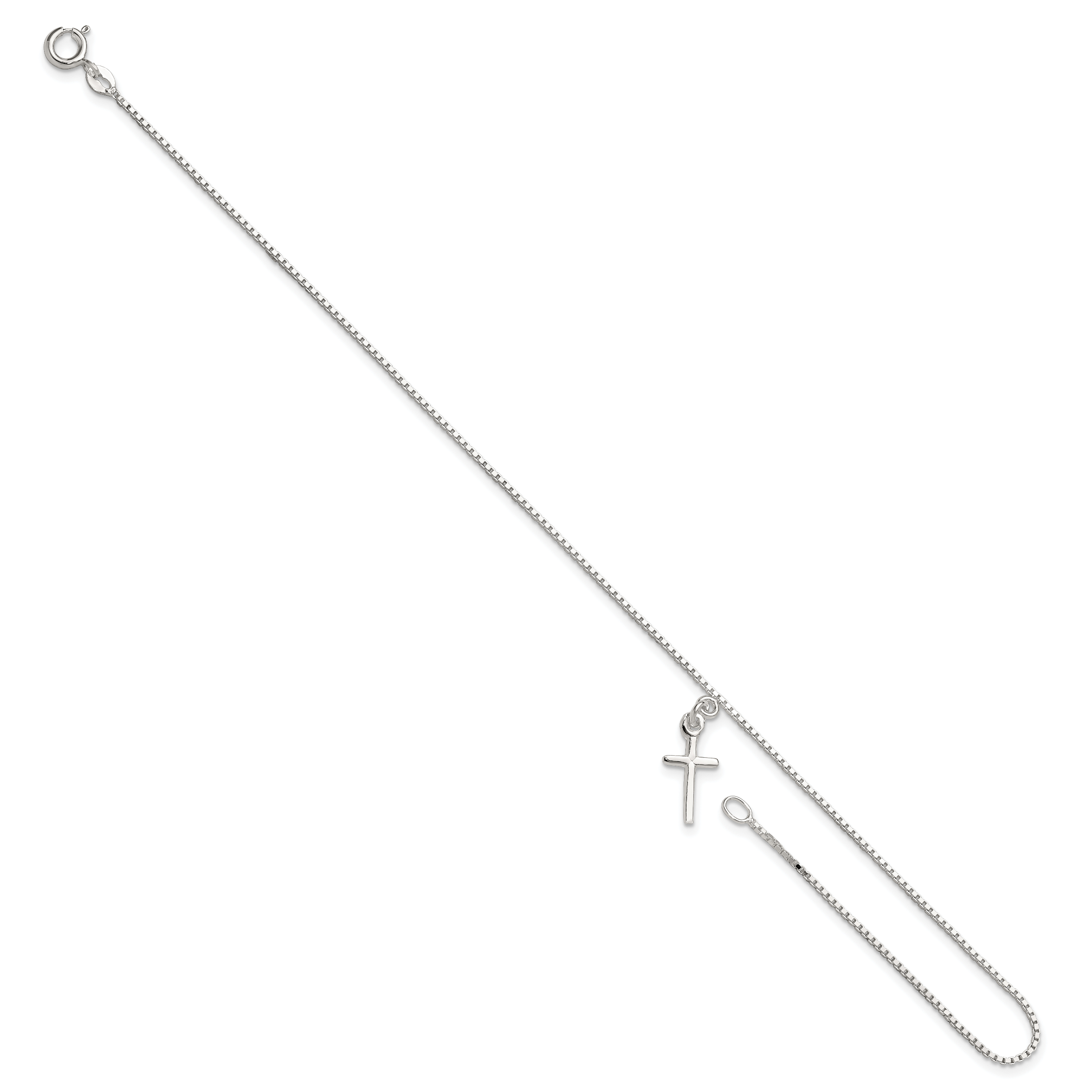 Sterling Silver 10 in Solid Polished Cross on Box Chain Anklet