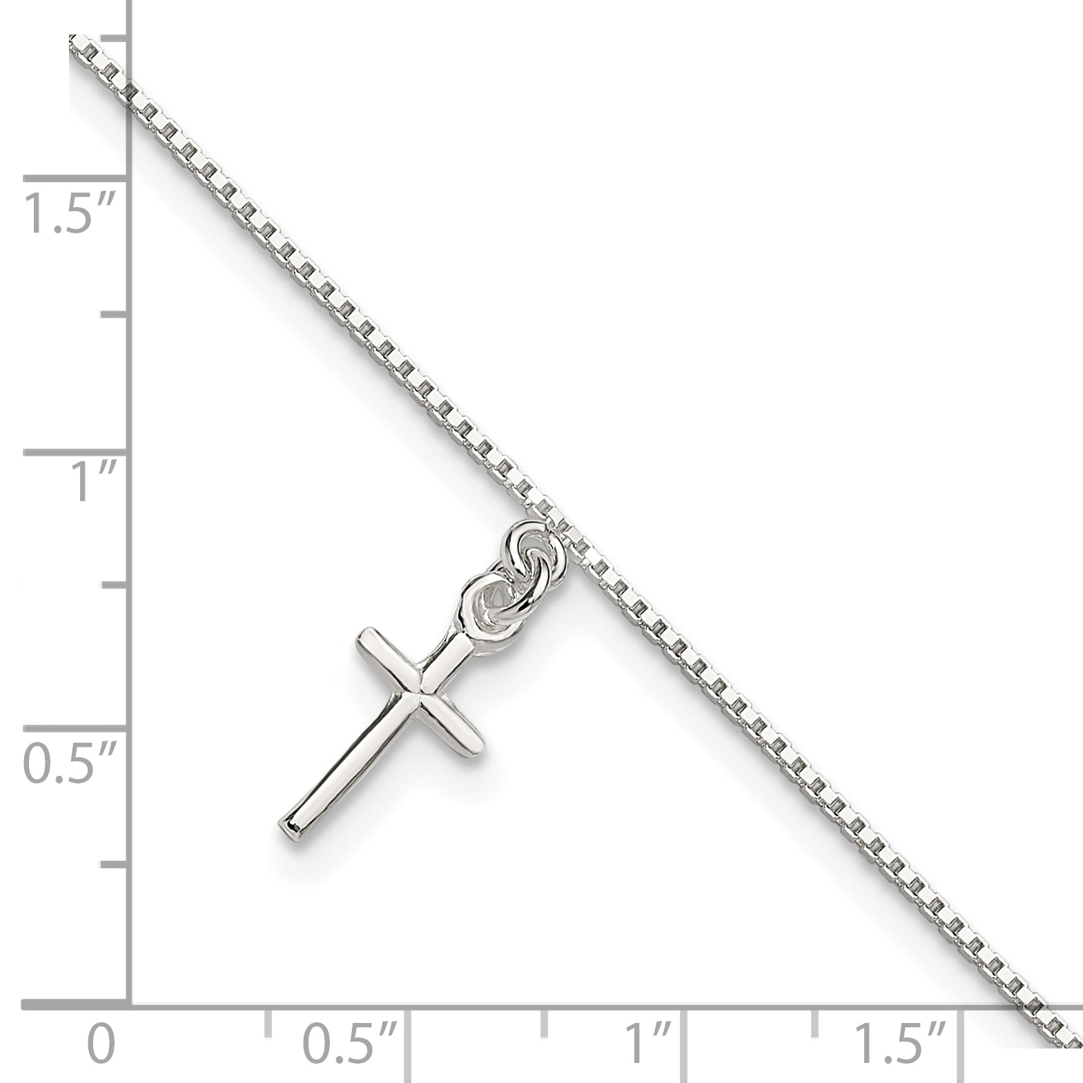 Sterling Silver 10 in Solid Polished Cross on Box Chain Anklet
