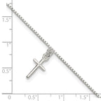 Sterling Silver 10 in Solid Polished Cross on Box Chain Anklet