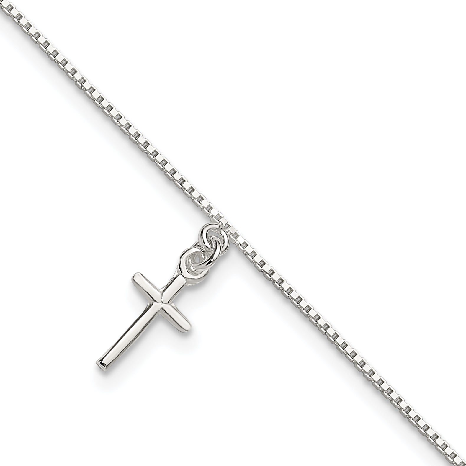 Sterling Silver 10 in Solid Polished Cross on Box Chain Anklet Main image