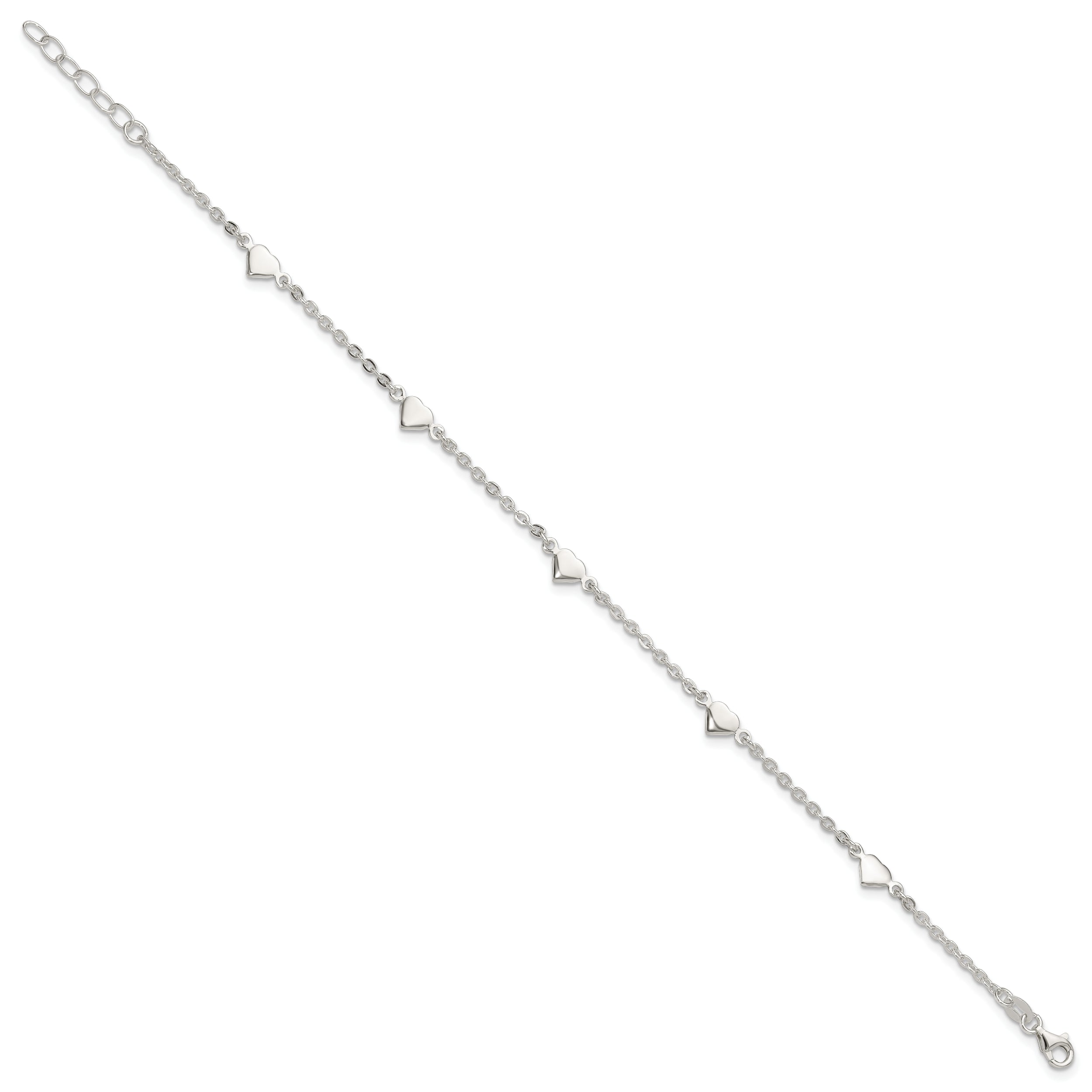 Sterling Silver Hearts 5-Station 9 inch Plus 1 inch Extender - Total 10 inch Anklet
