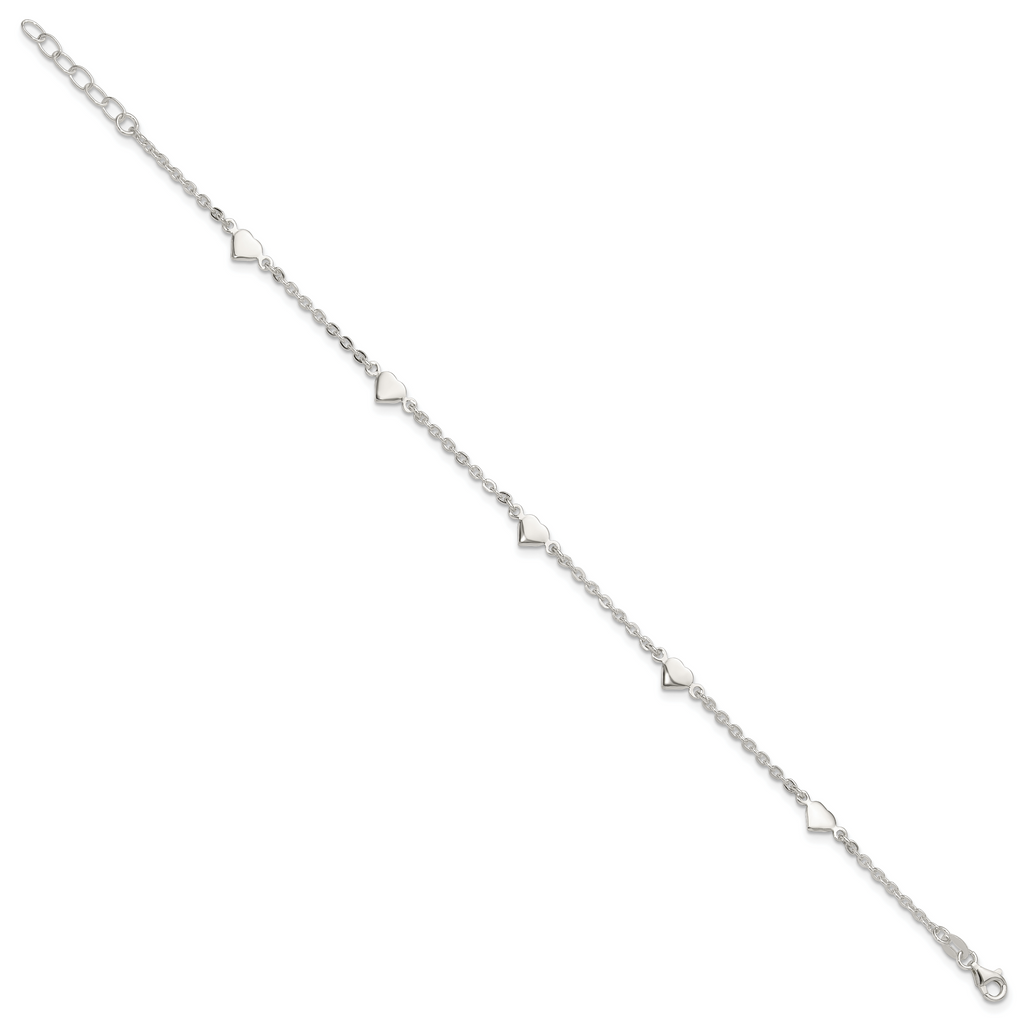 Sterling Silver Hearts 5-Station 9 inch Plus 1 inch Extender - Total 10 inch Anklet