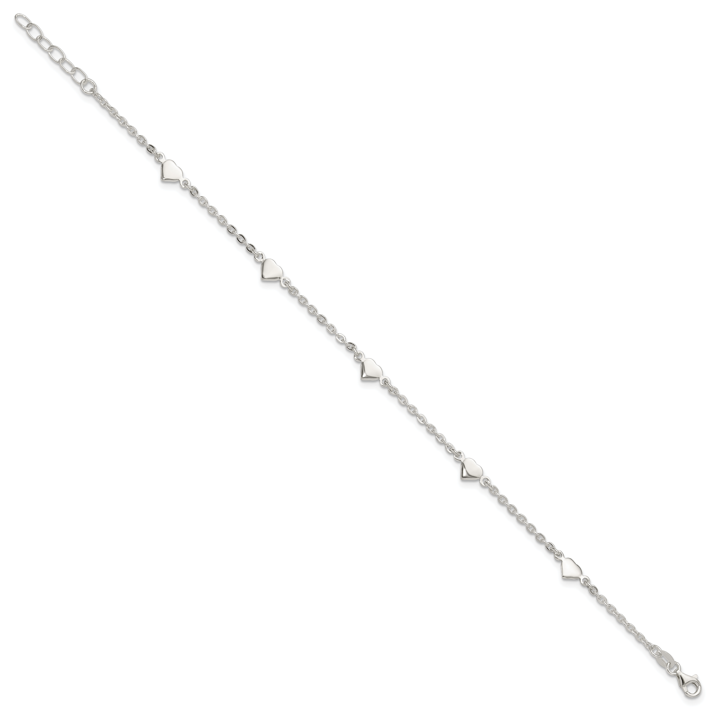 Sterling Silver Hearts 5-Station 9 inch Plus 1 inch Extender - Total 10 inch Anklet