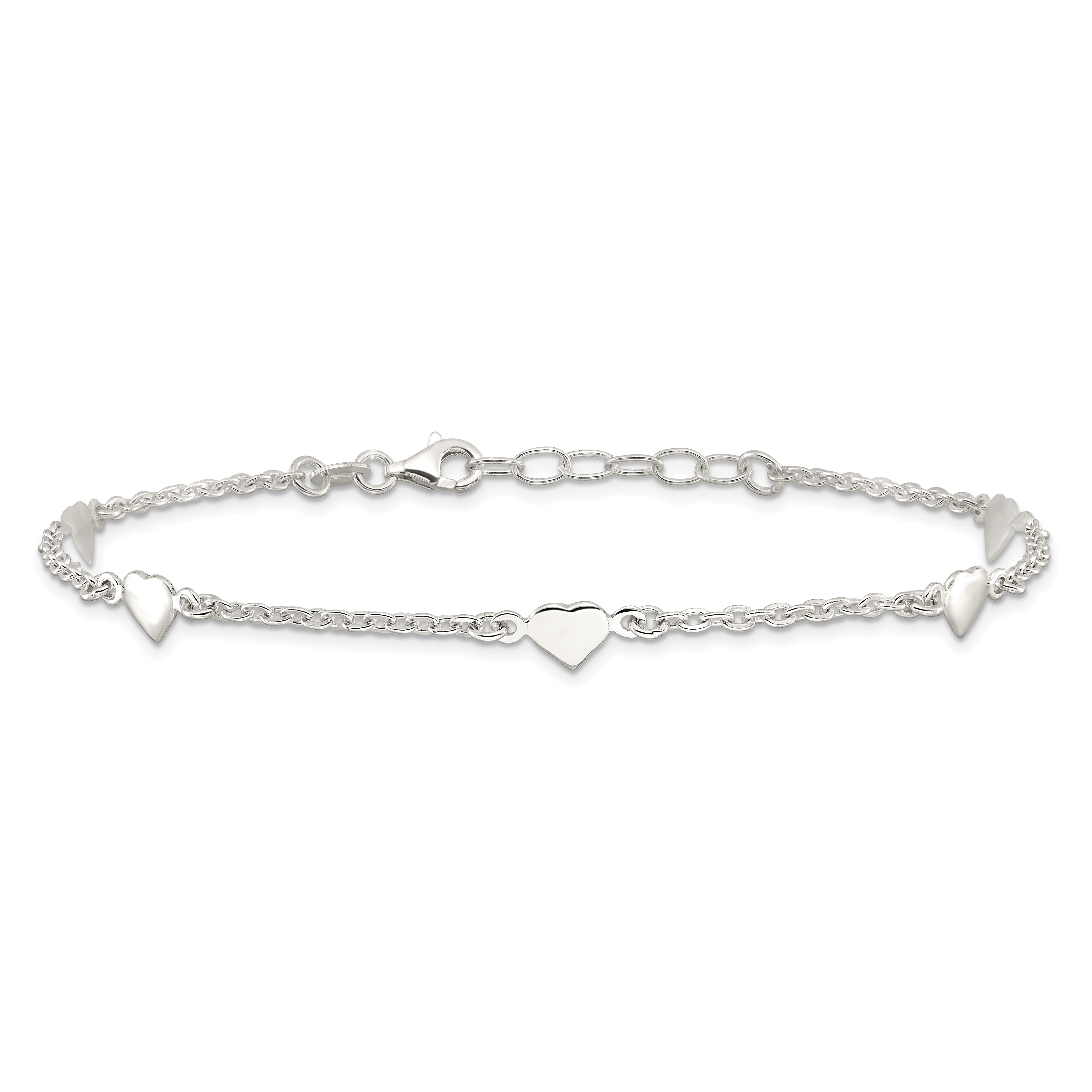 Sterling Silver Hearts 5-Station 9 inch Plus 1 inch Extender - Total 10 inch Anklet