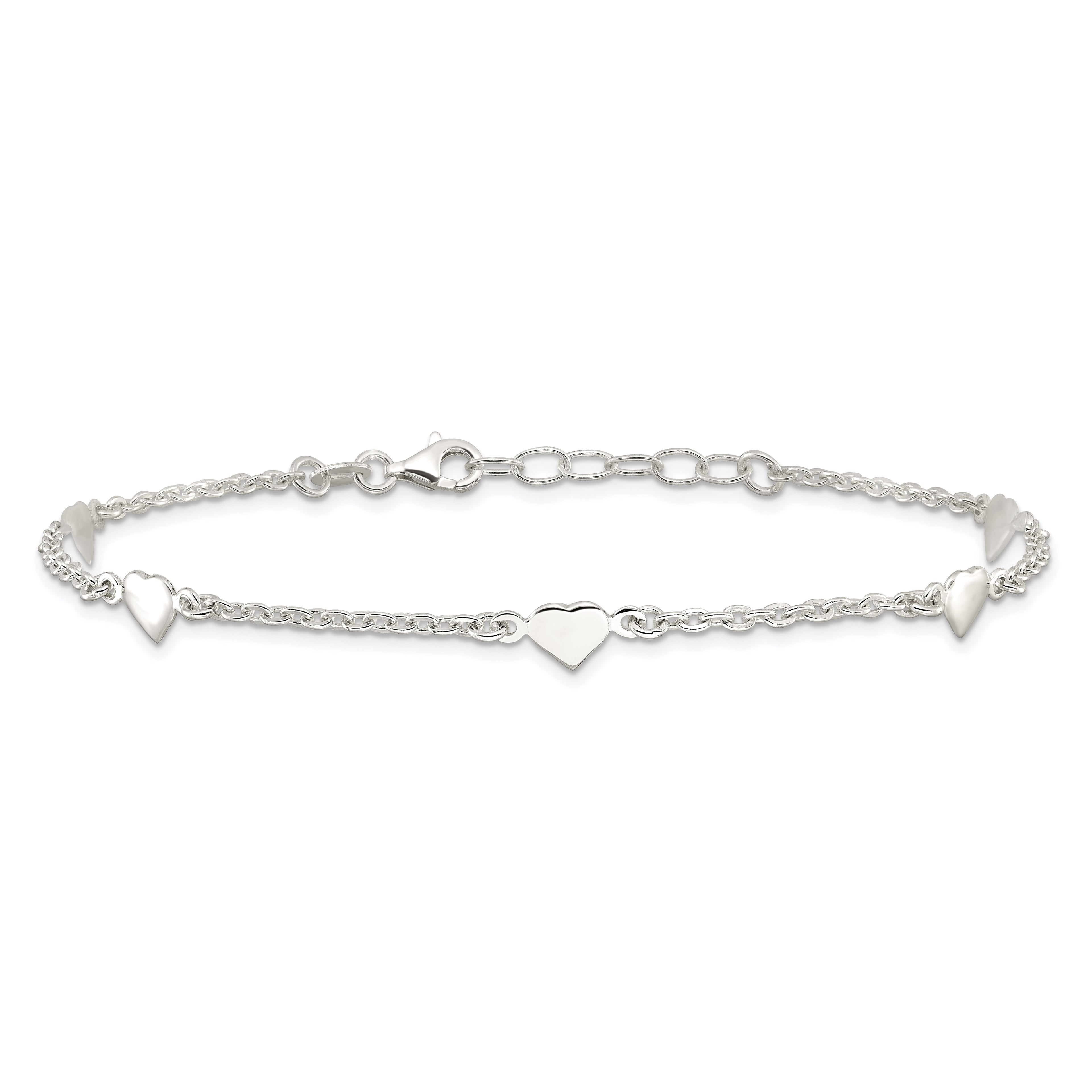 Sterling Silver Hearts 5-Station 9 inch Plus 1 inch Extender - Total 10 inch Anklet