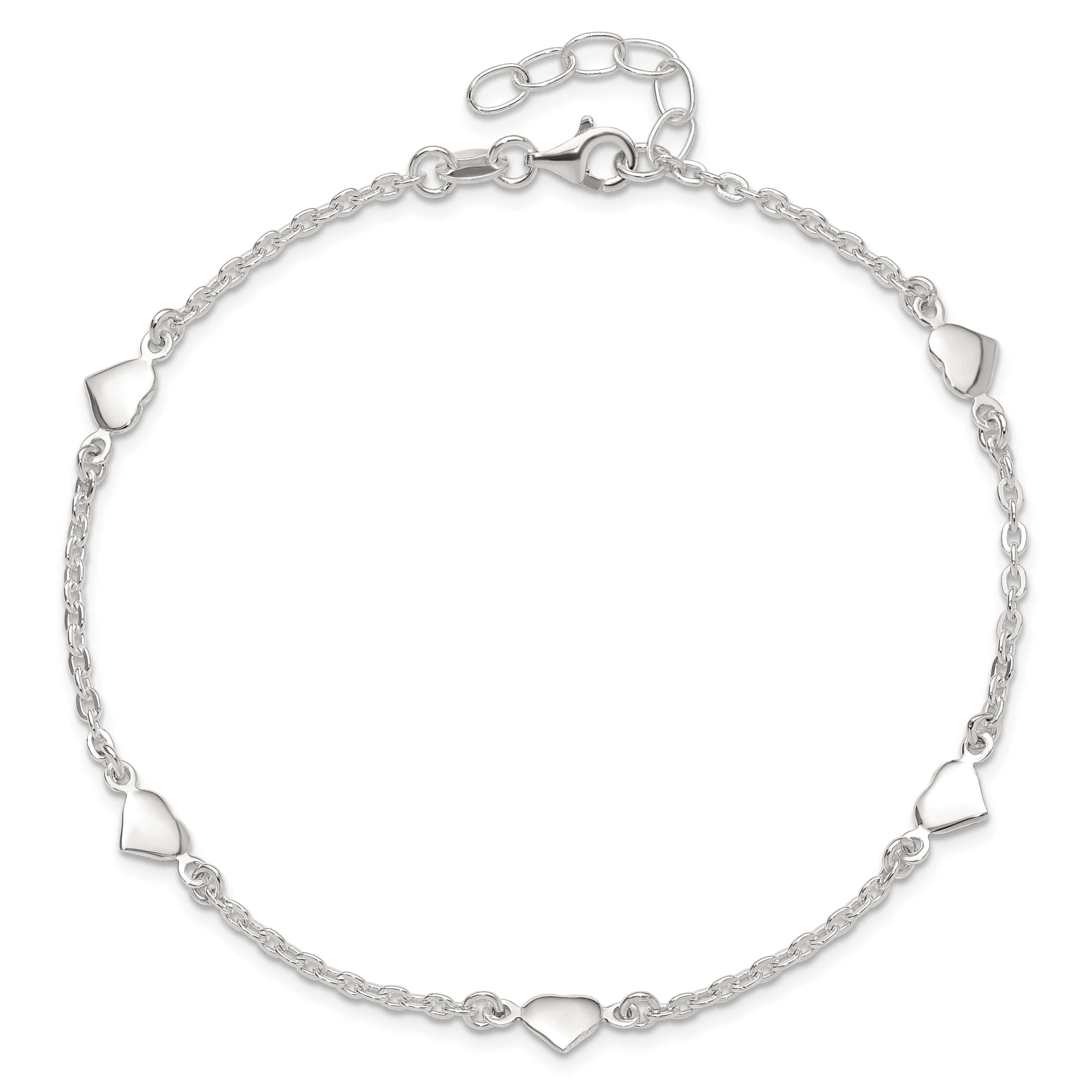 Sterling Silver Hearts 5-Station 9 inch Plus 1 inch Extender - Total 10 inch Anklet