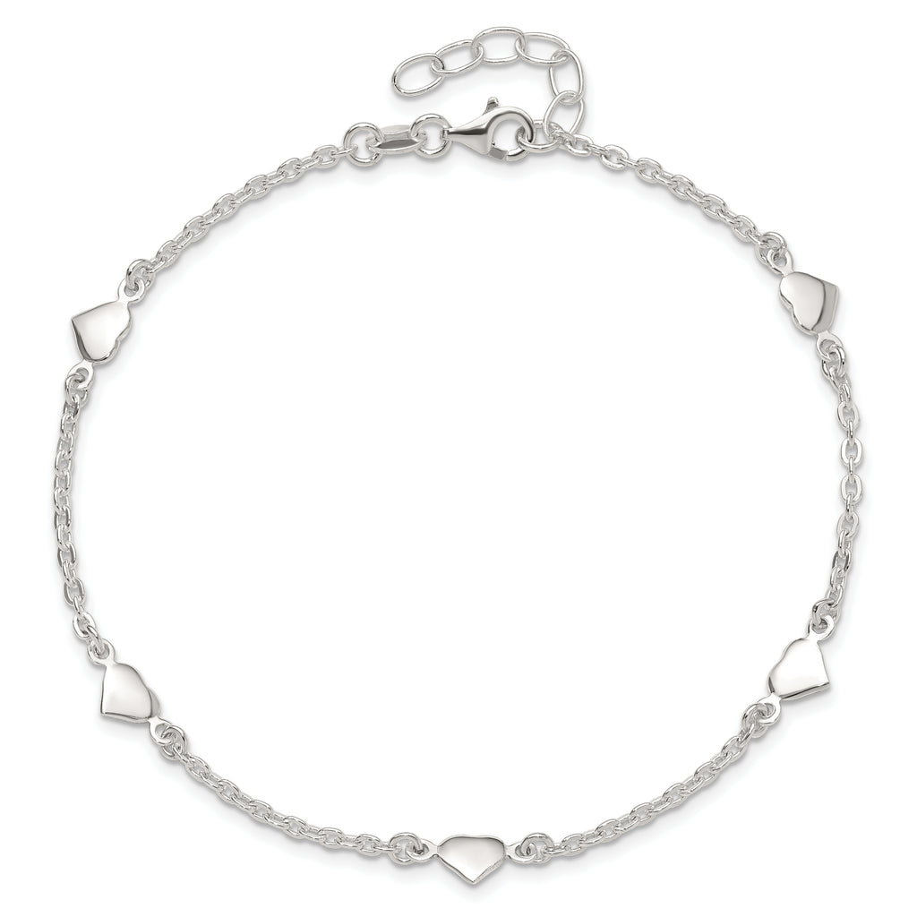 Sterling Silver Hearts 5-Station 9 inch Plus 1 inch Extender - Total 10 inch Anklet