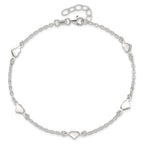 Sterling Silver Hearts 5-Station 9 inch Plus 1 inch Extender - Total 10 inch Anklet