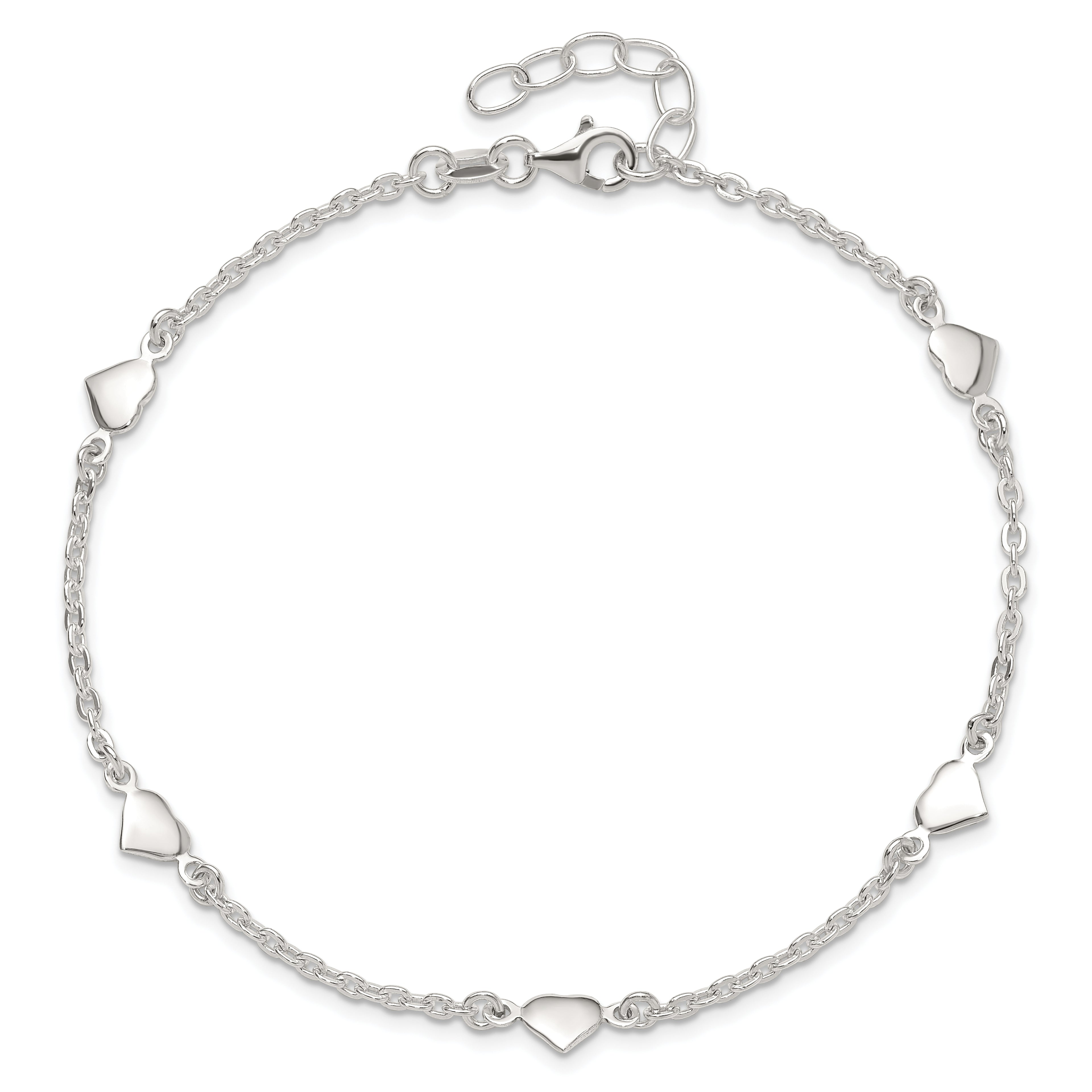 Sterling Silver Hearts 5-Station 9 inch Plus 1 inch Extender - Total 10 inch Anklet