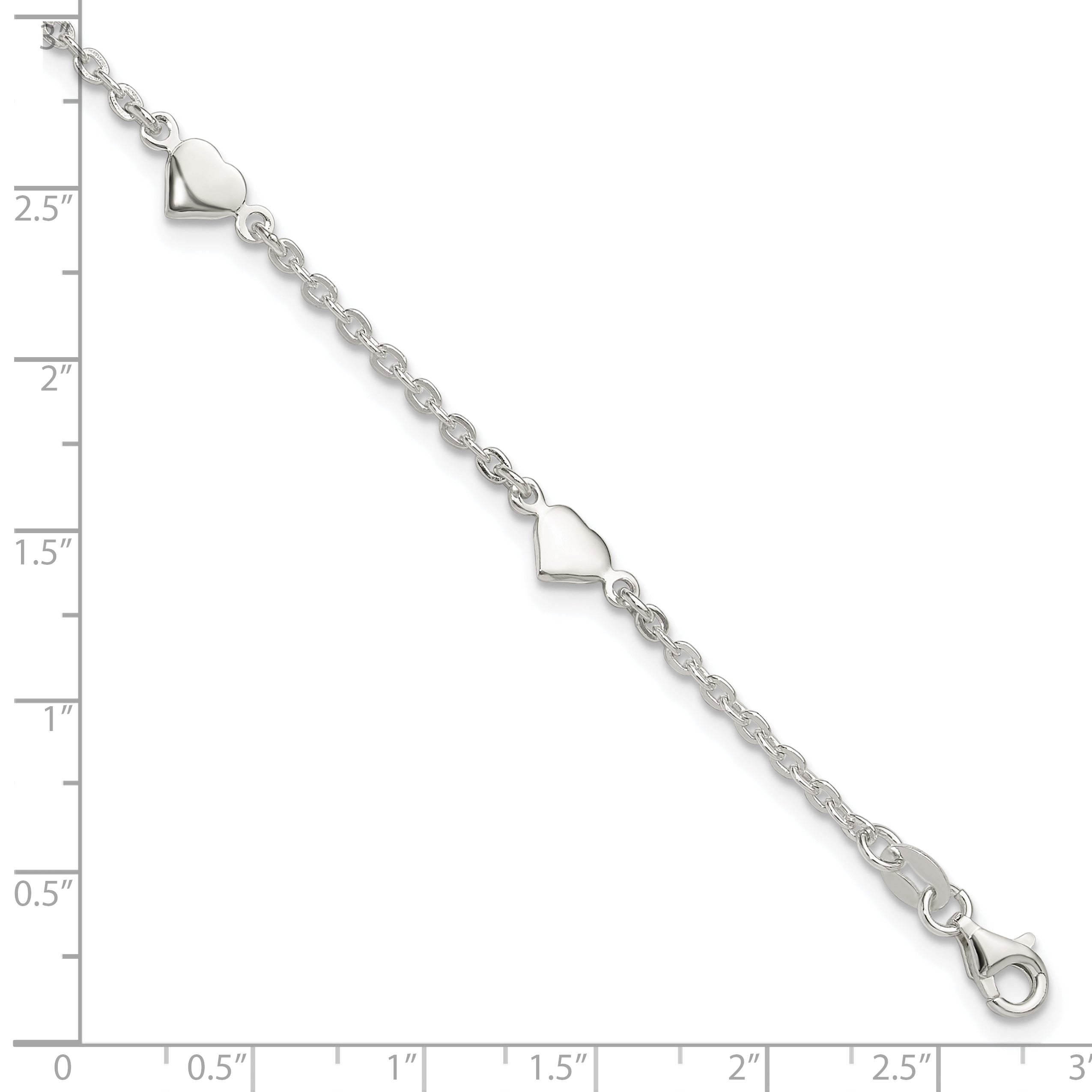 Sterling Silver Hearts 5-Station 9 inch Plus 1 inch Extender - Total 10 inch Anklet