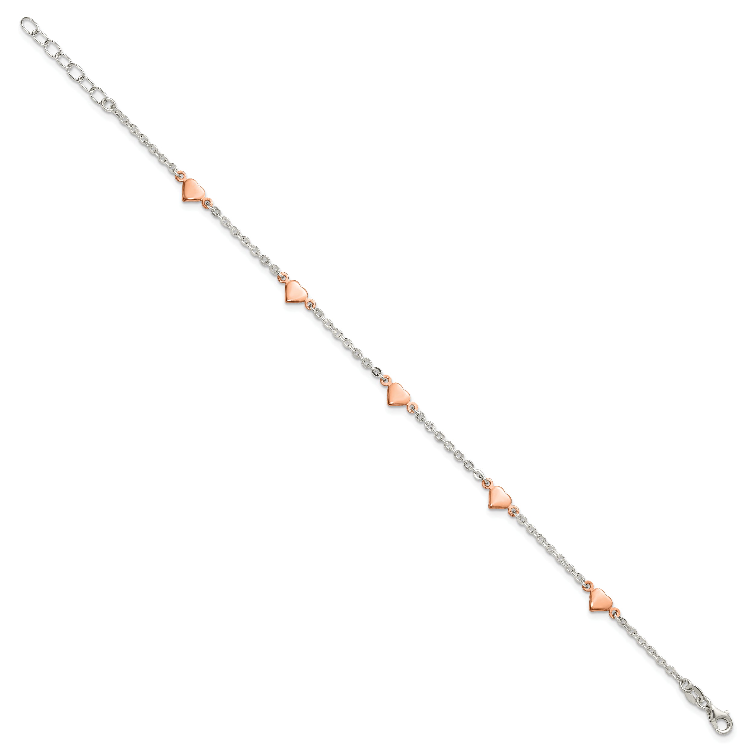 Sterling Silver Rose-tone Hearts 5-Station 9 inch Plus 1 inch Extender Anklet - Total 10 inch Anklet