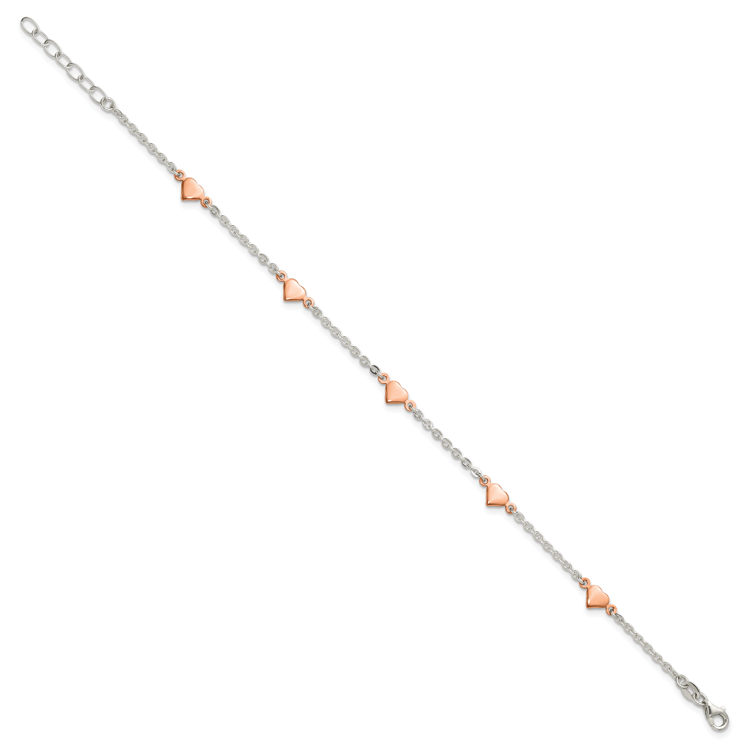 Sterling Silver Rose-tone Hearts 5-Station 9 inch Plus 1 inch Extender Anklet - Total 10 inch Anklet
