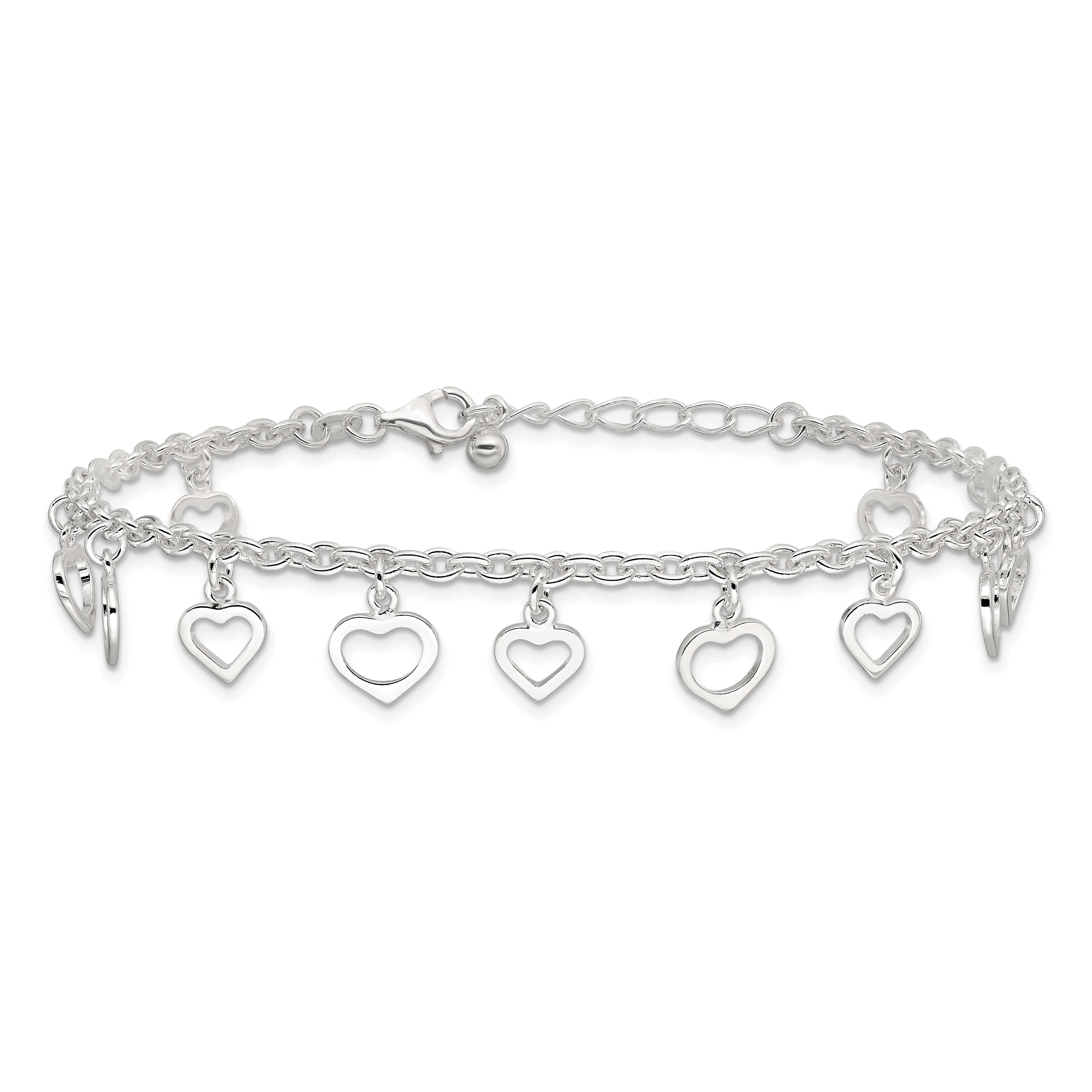 Sterling Silver Heart Charms 8 inch Plus 1 inch Extender - Total 9 inch Anklet