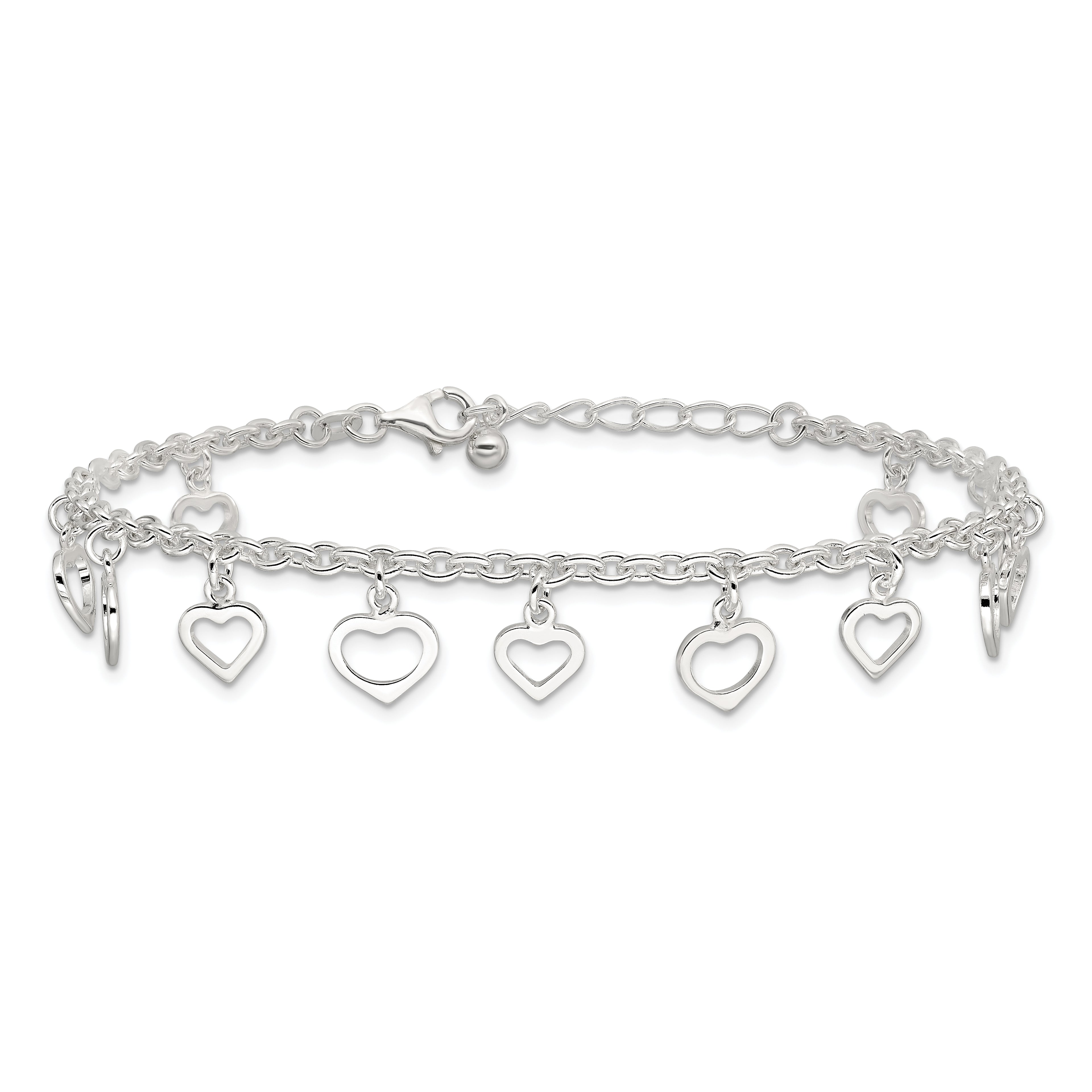 Sterling Silver Heart Charms 8 inch Plus 1 inch Extender - Total 9 inch Anklet