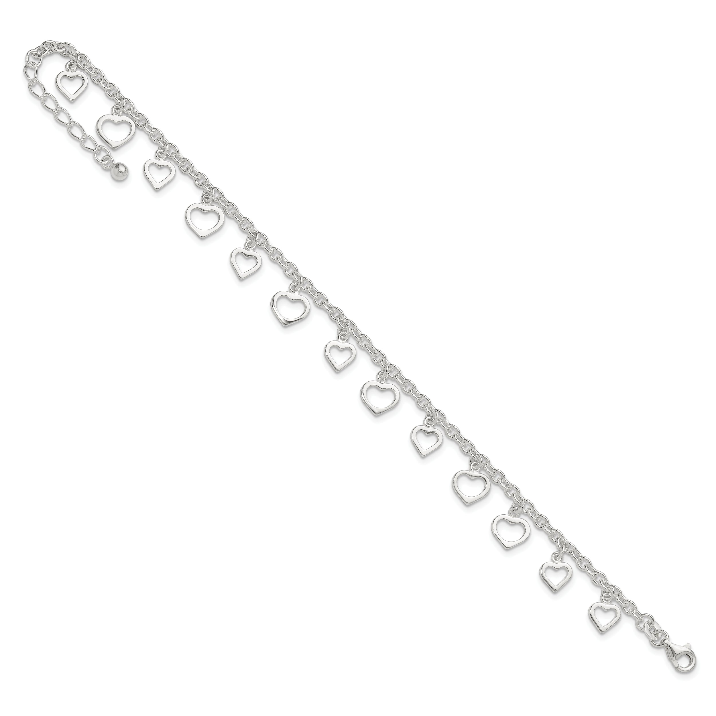 Sterling Silver Heart Charms 8 inch Plus 1 inch Extender - Total 9 inch Anklet