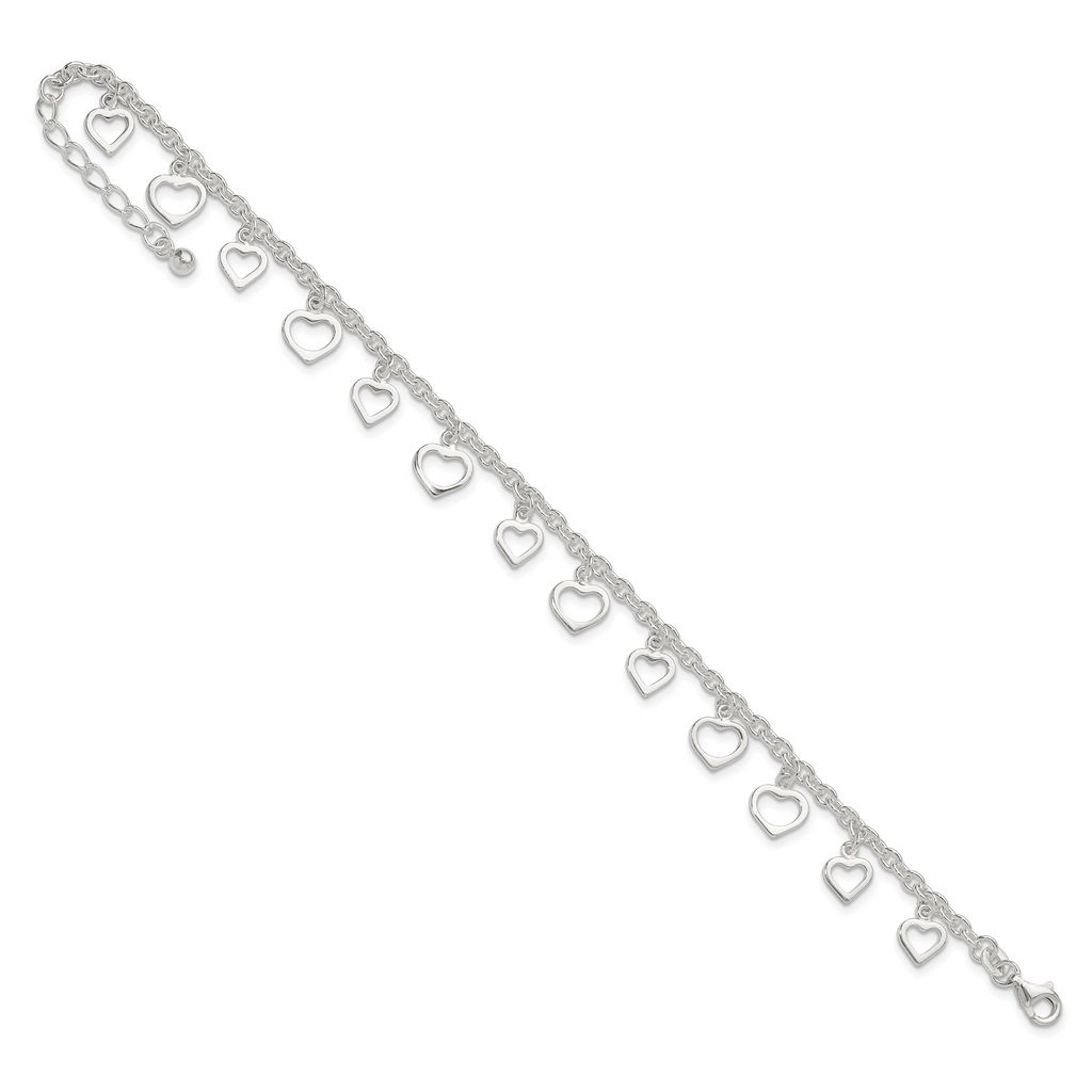 Sterling Silver Heart Charms 8 inch Plus 1 inch Extender - Total 9 inch Anklet