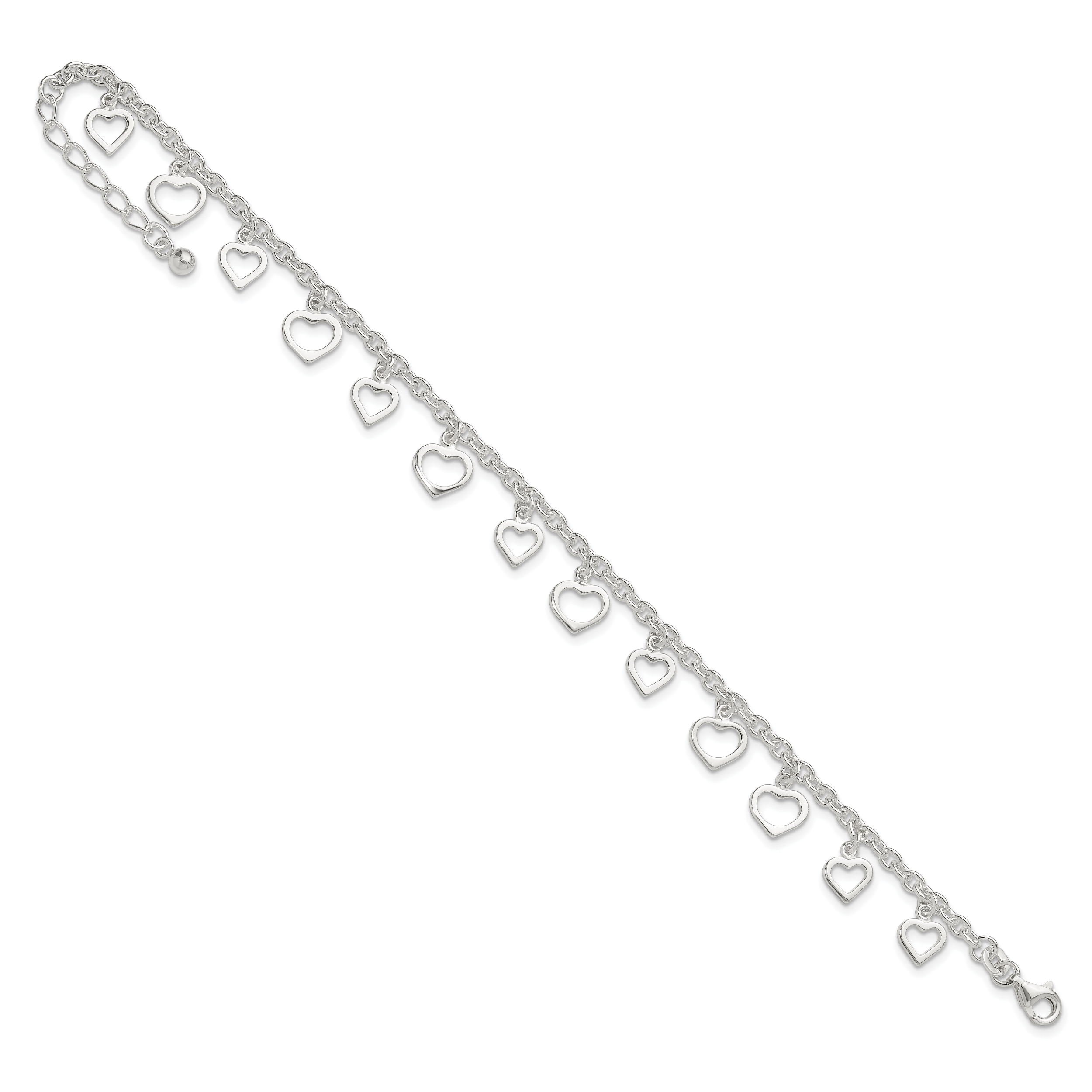 Sterling Silver Heart Charms 8 inch Plus 1 inch Extender - Total 9 inch Anklet