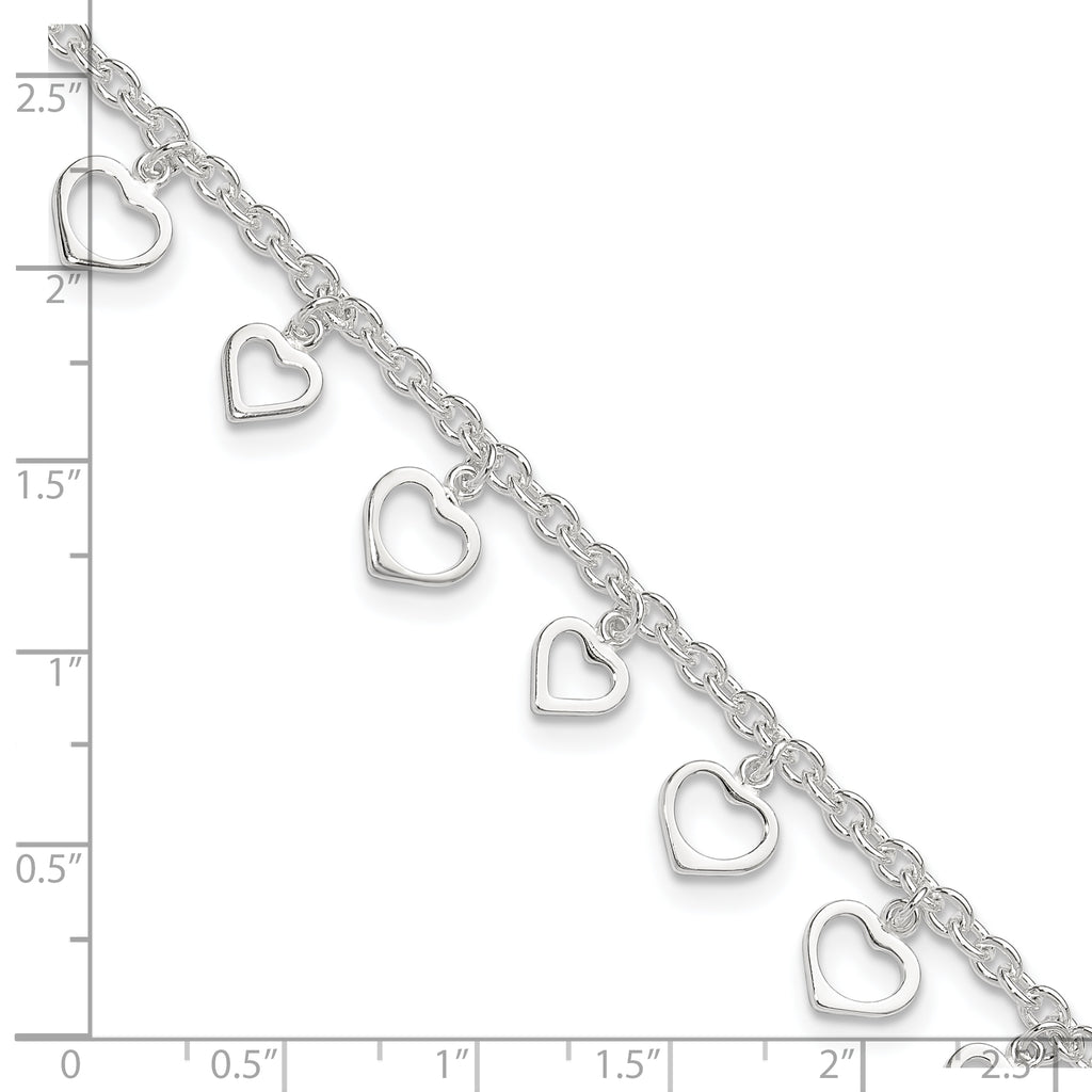 Sterling Silver Heart Charms 8 inch Plus 1 inch Extender - Total 9 inch Anklet
