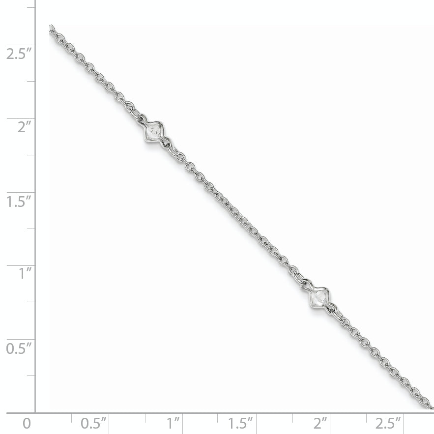 Sterling Silver Rhodium-plated Bezel CZ 5-Station 9 inch Plus 1 inch Extender - Total 10 inch Anklet