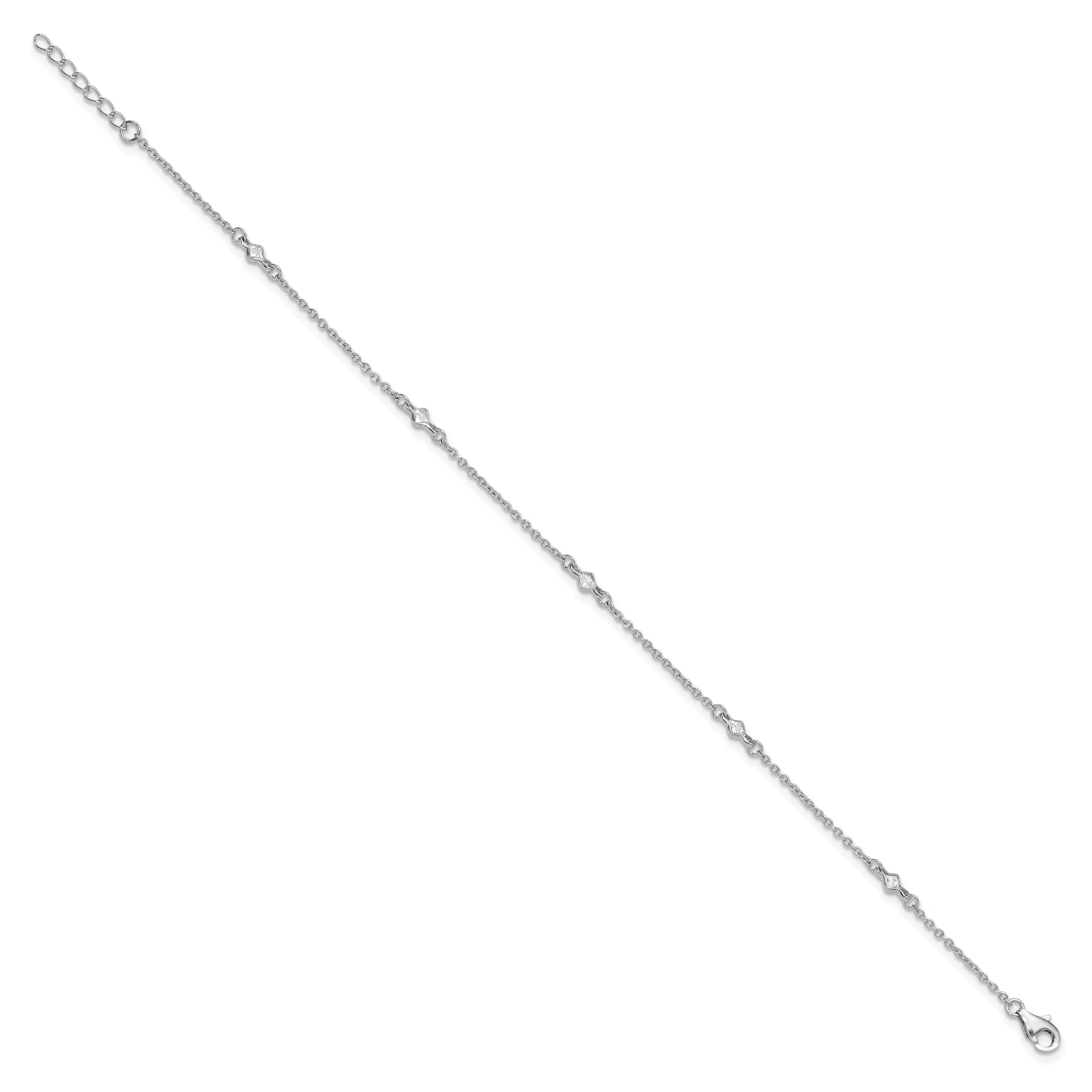 Sterling Silver Rhodium-plated Bezel CZ 5-Station 9 inch Plus 1 inch Extender - Total 10 inch Anklet