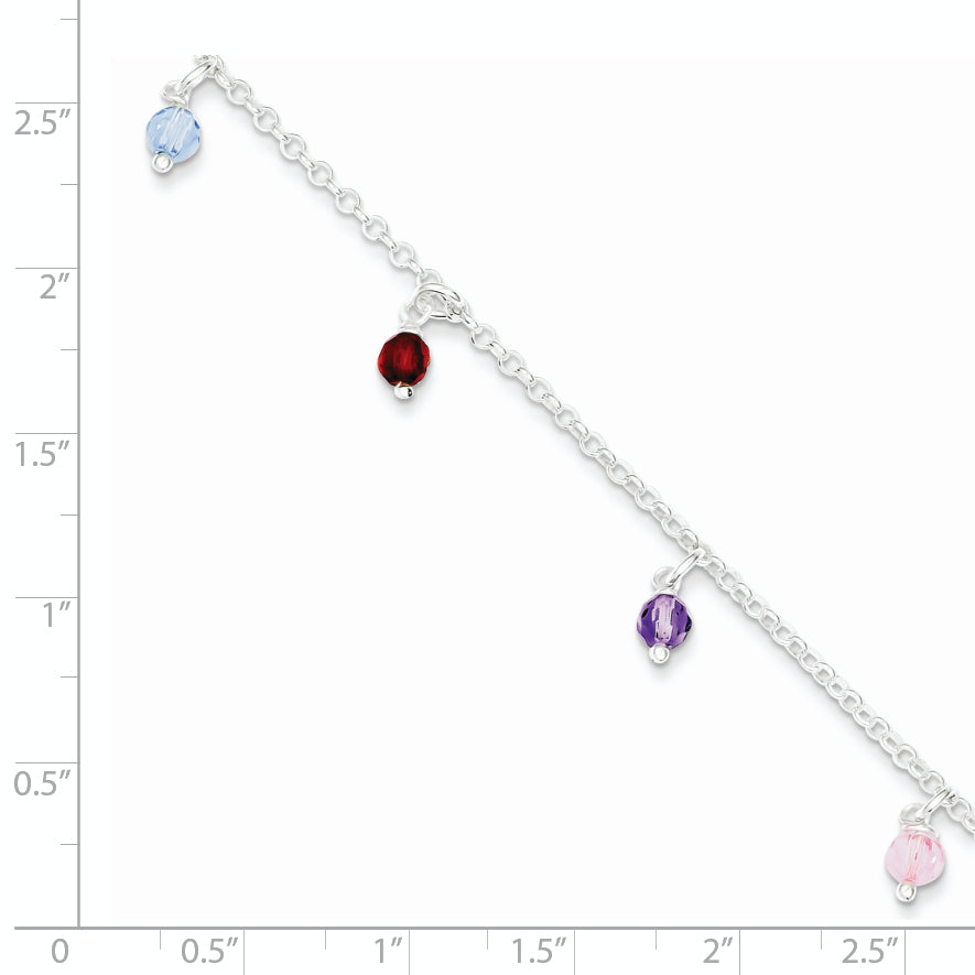 Sterling Silver Multi-colored Beads 9 inch Plus 1 inch Extender - Total 10 inch Anklet