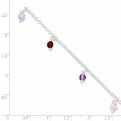 Sterling Silver Multi-colored Beads 9 inch Plus 1 inch Extender - Total 10 inch Anklet