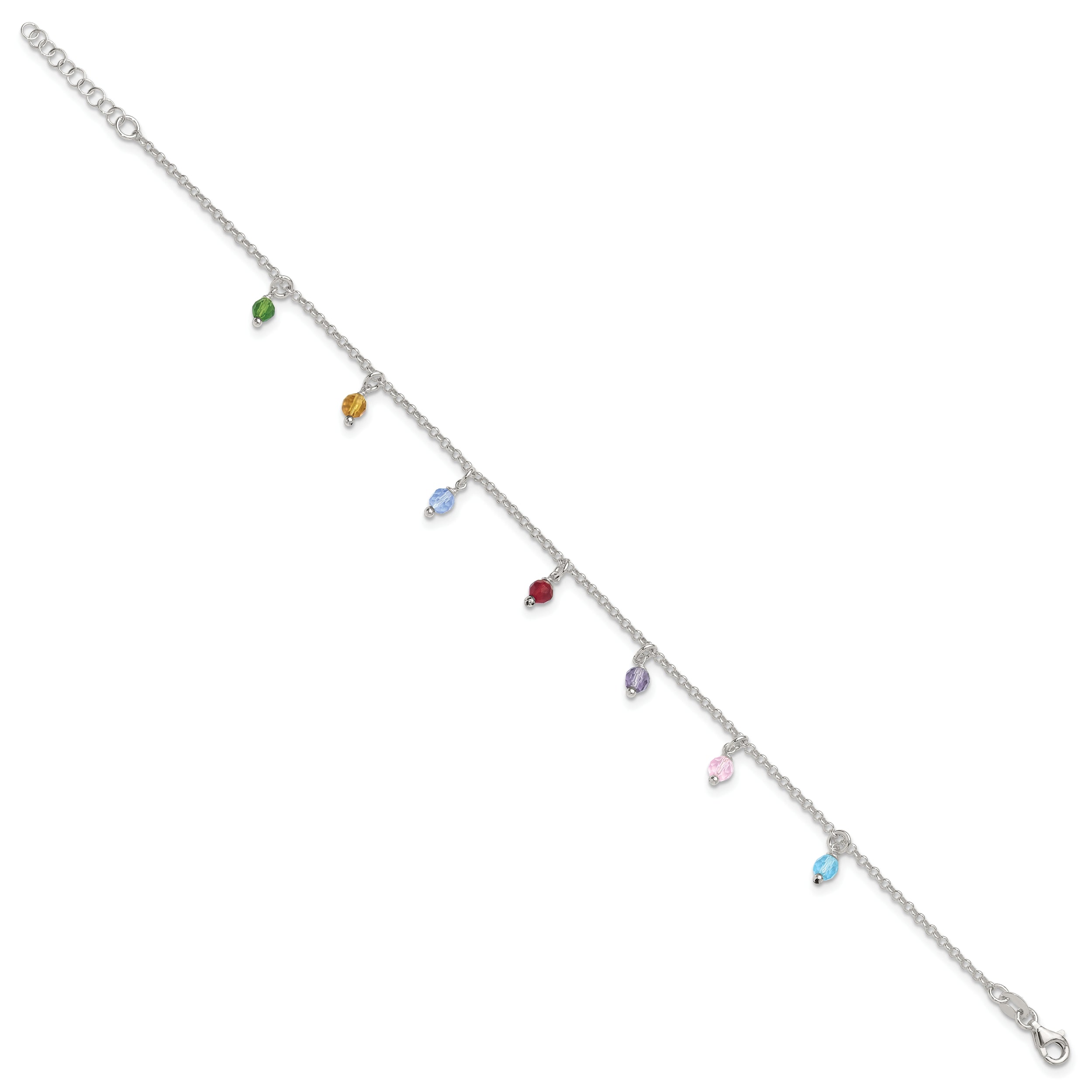 Sterling Silver Multi-colored Beads 10 inch Plus 1 inch Extender - Total 11 inch Anklet