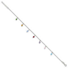Sterling Silver Multi-colored Beads 10 inch Plus 1 inch Extender - Total 11 inch Anklet