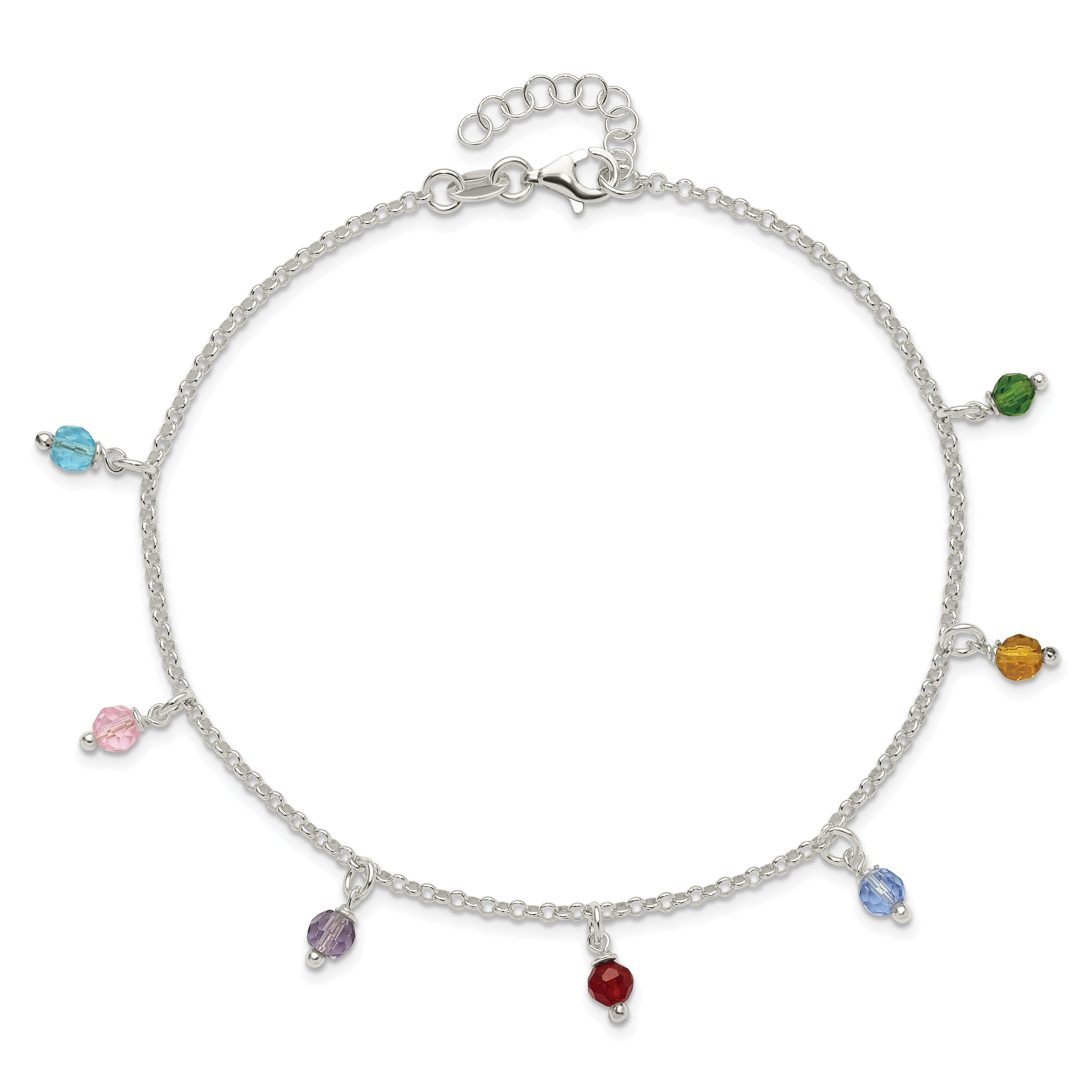 Sterling Silver Multi-colored Beads 10 inch Plus 1 inch Extender - Total 11 inch Anklet