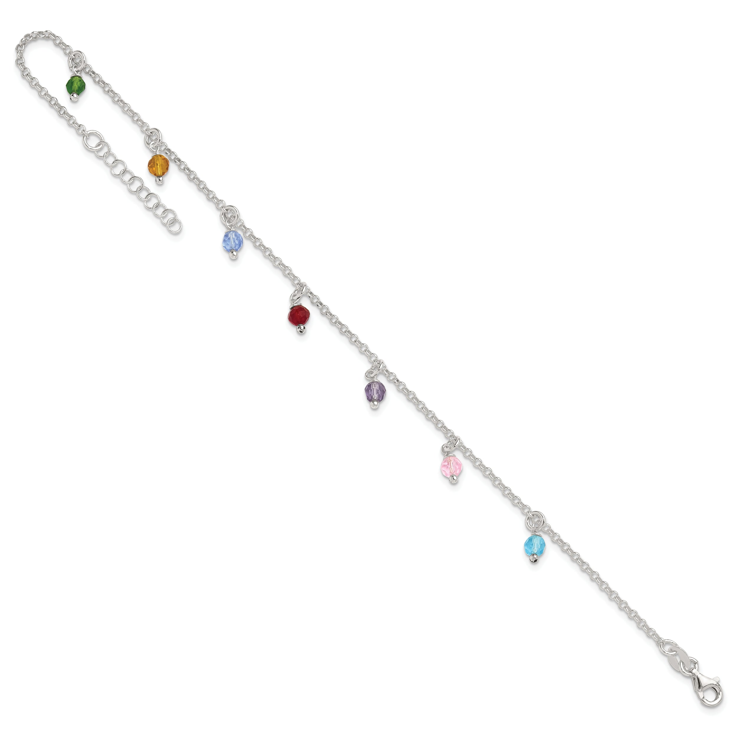 Sterling Silver Multi-colored Beads 9 inch Plus 1 inch Extender - Total 10 inch Anklet