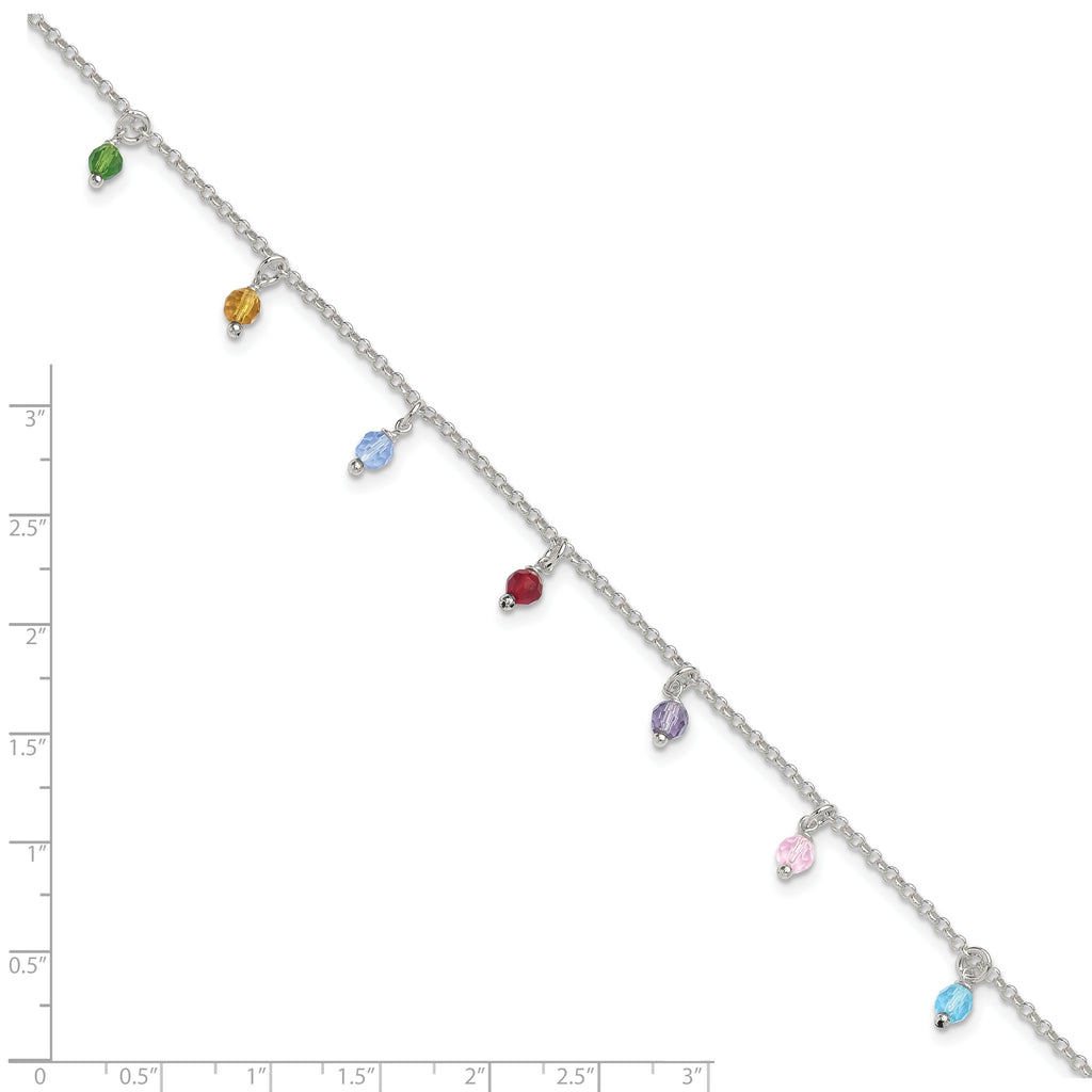 Sterling Silver Multi-colored Beads 9 inch Plus 1 inch Extender - Total 10 inch Anklet