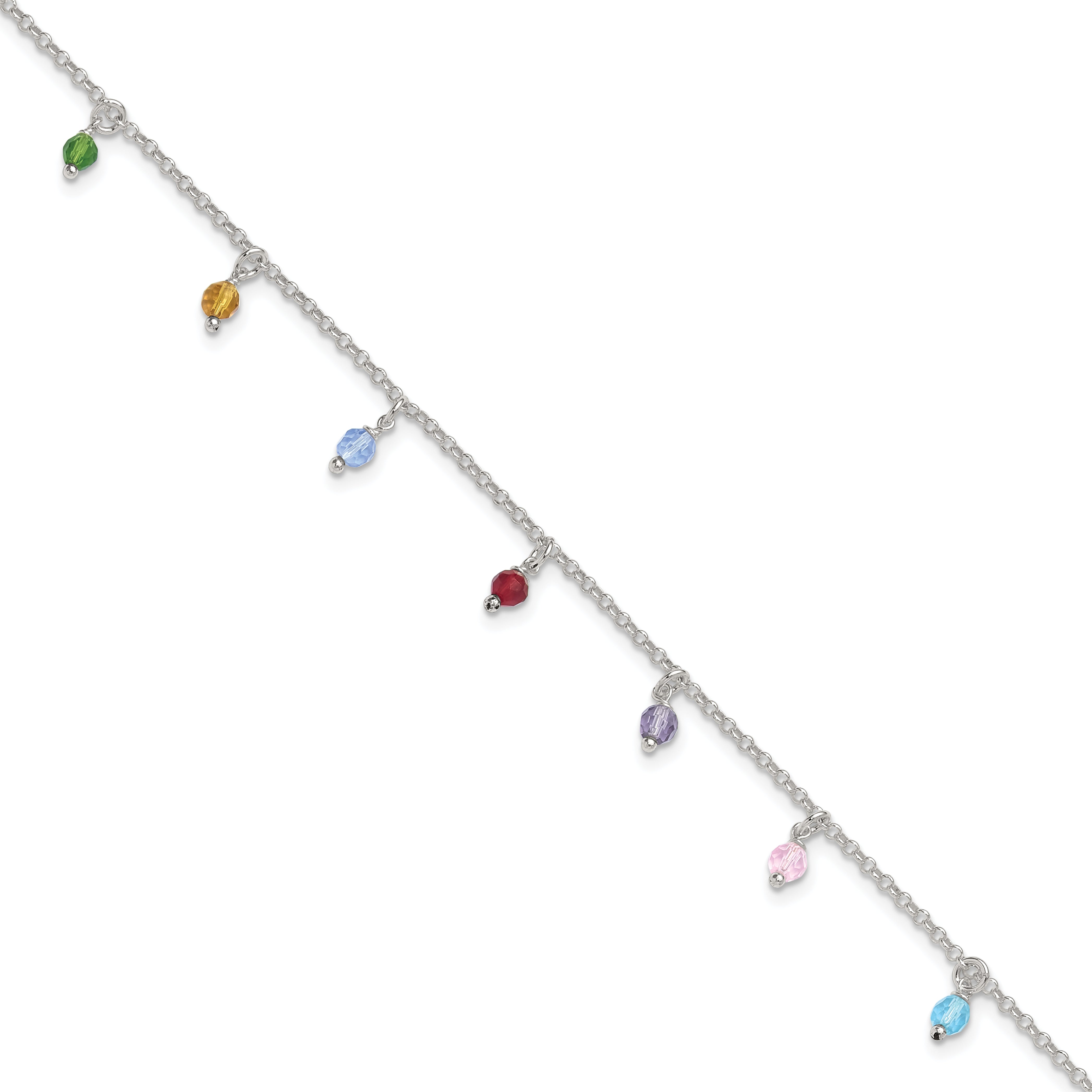 Sterling Silver Multi-colored Beads 9 inch Plus 1 inch Extender - Total 10 inch Anklet