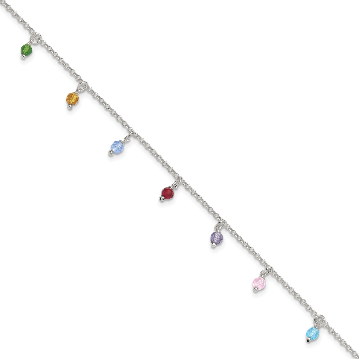 Sterling Silver Multi-colored Beads 9 inch Plus 1 inch Extender - Total 10 inch Anklet