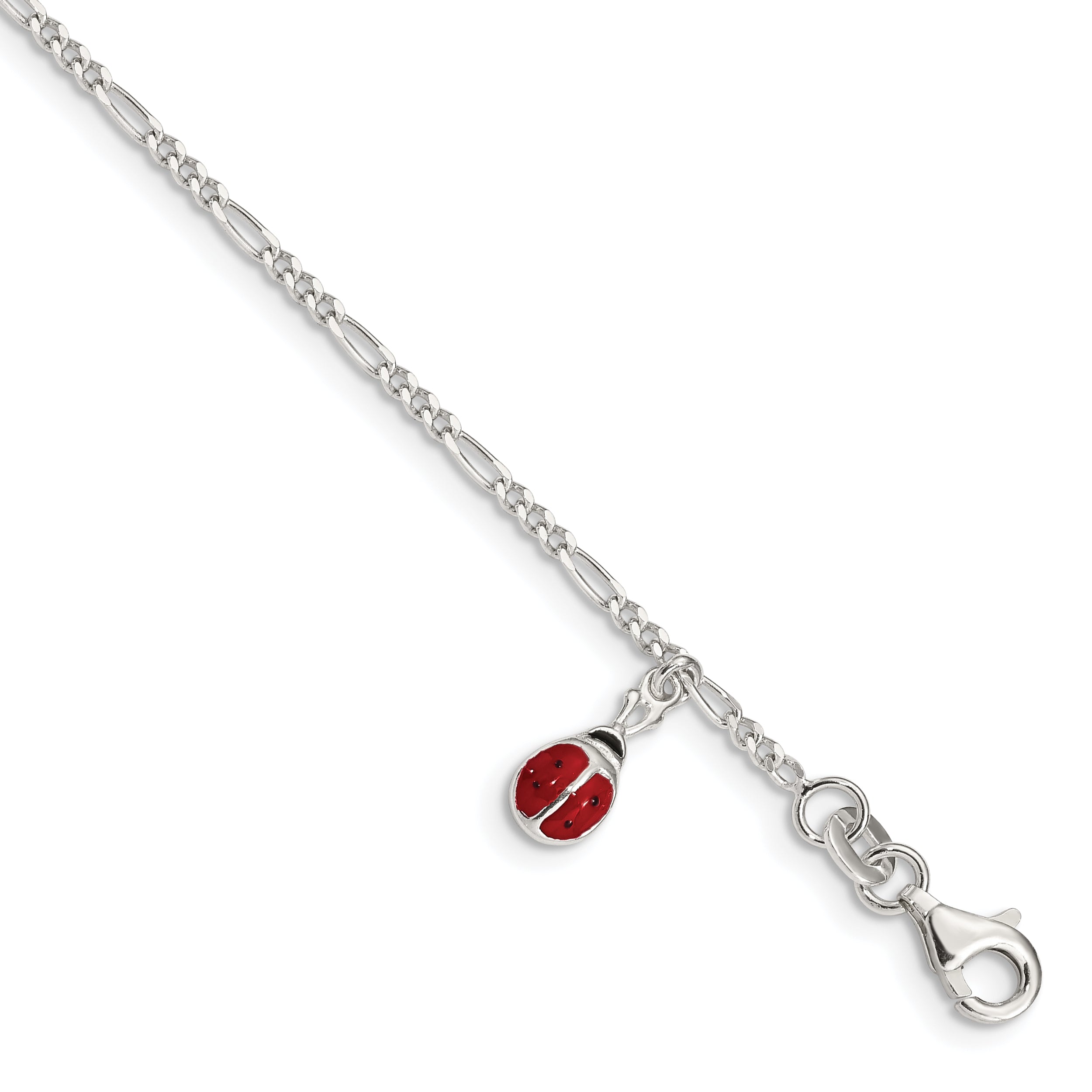 Sterling Silver Polished Enameled Ladybug With  1in ext. Childrens Bracelet