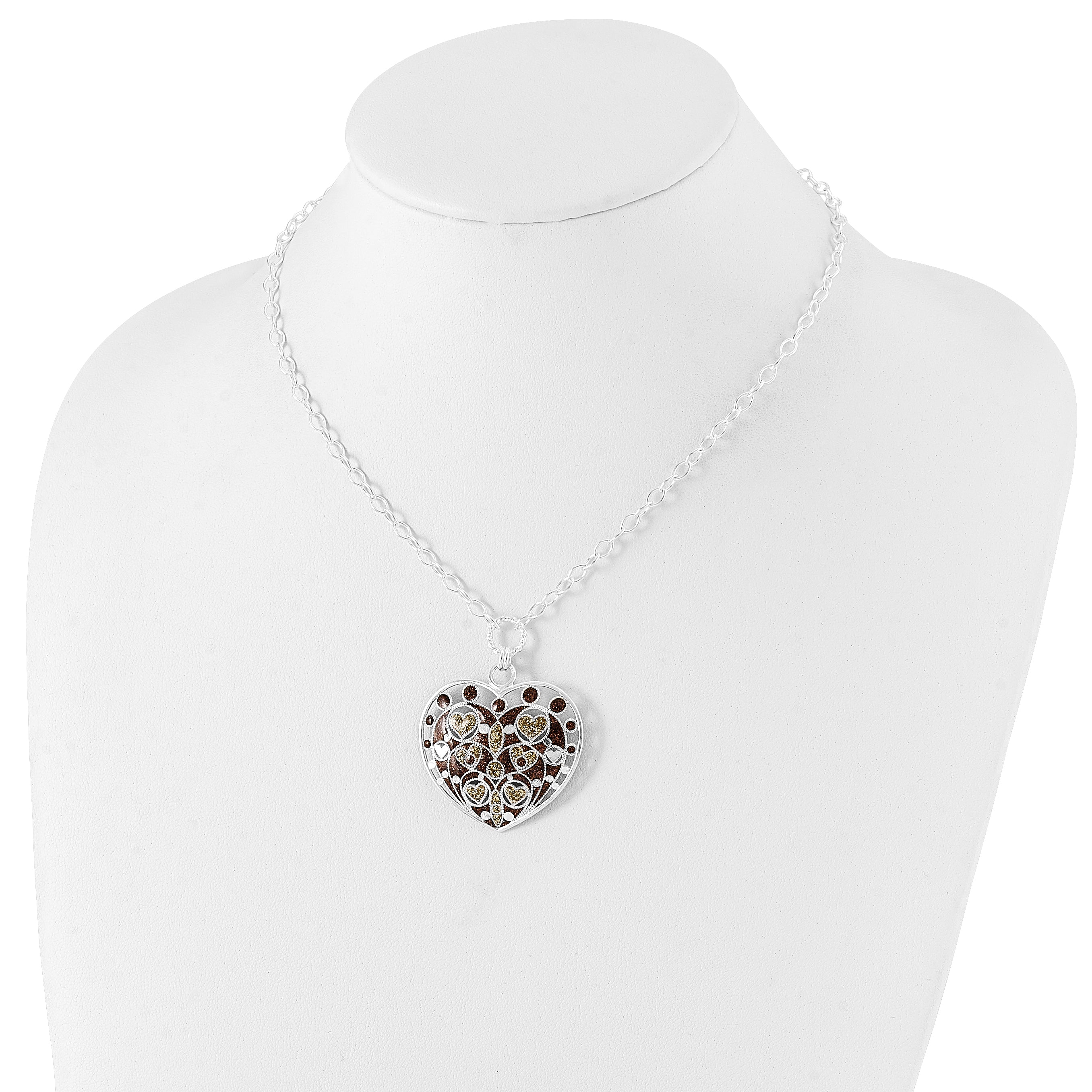 Sterling Silver Polished Gold-tone & Brown Glitter Enamel Heart Necklace