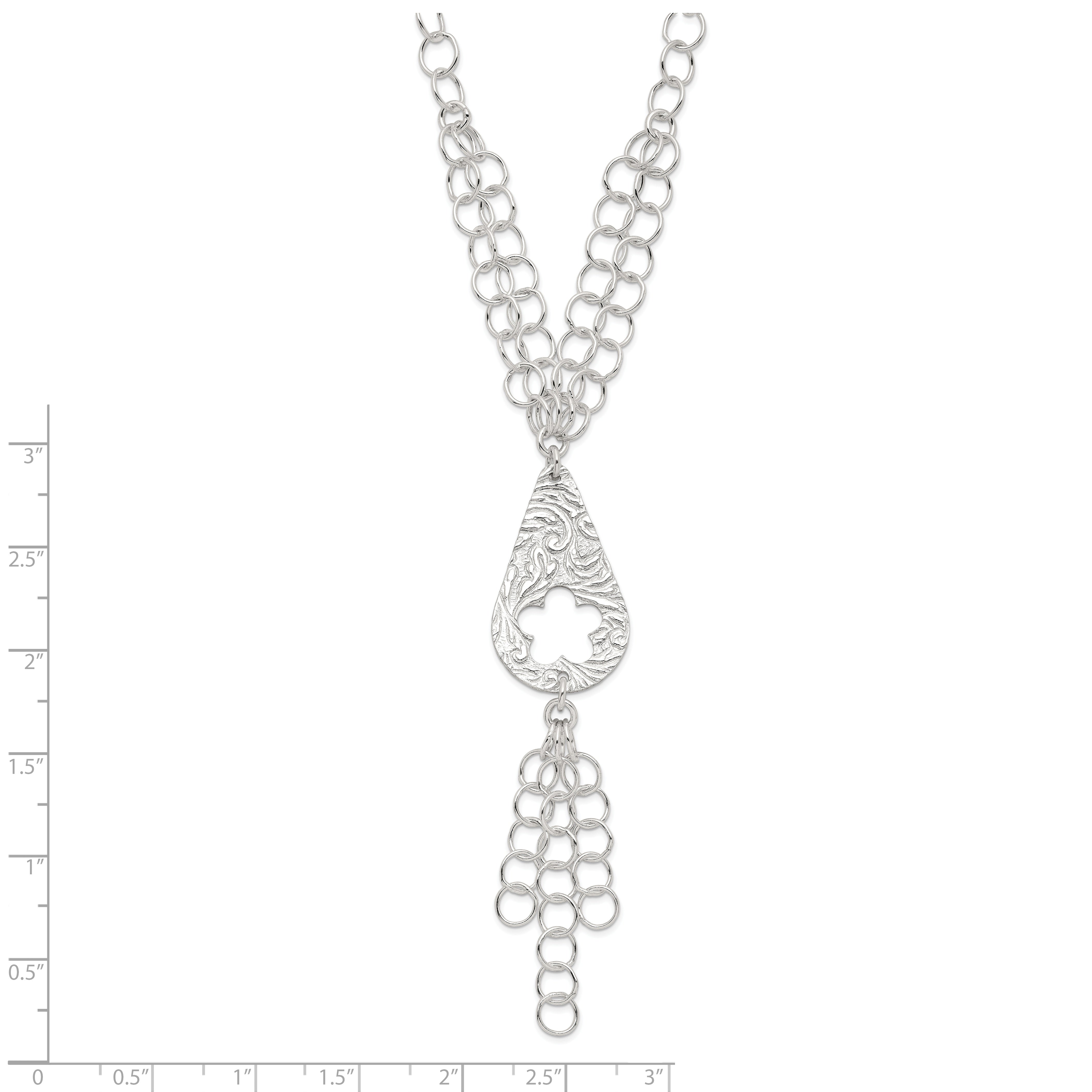 Sterling Silver Polished & Textured Floral Teardrop Necklace