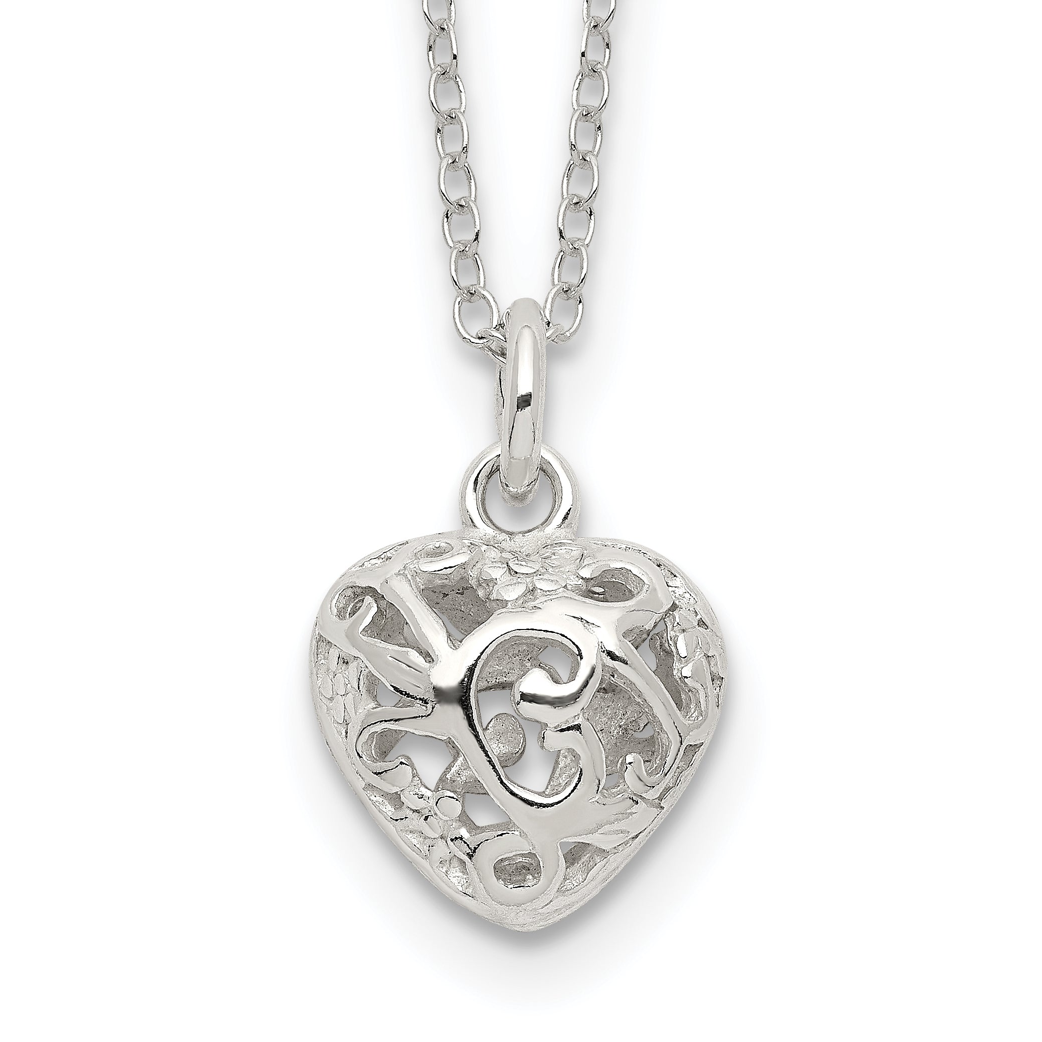 Sterling Silver Polished Puffed Filigree Heart 18 inch Necklace Main image