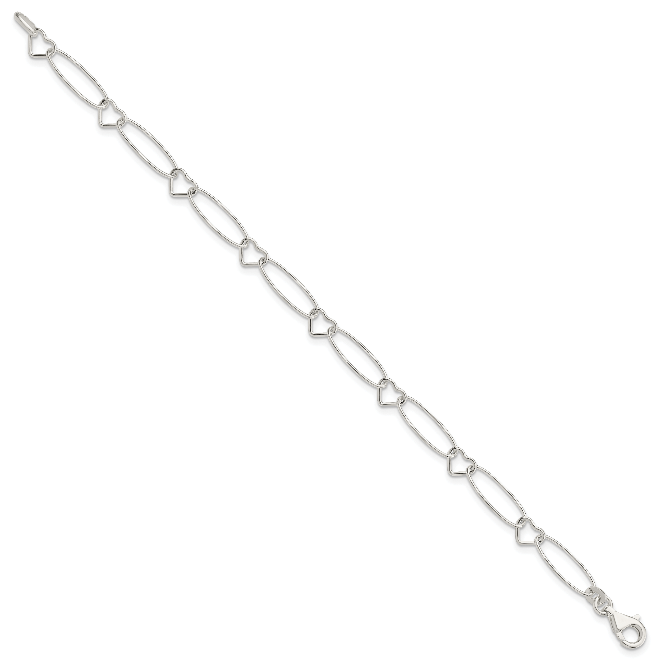 Sterling Silver Oval Link With Hearts Bracelet