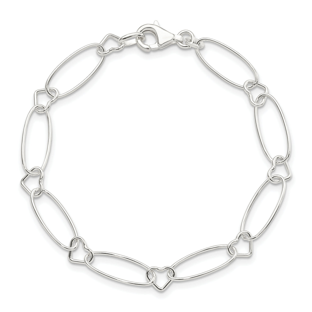 Sterling Silver Oval Link With Hearts Bracelet